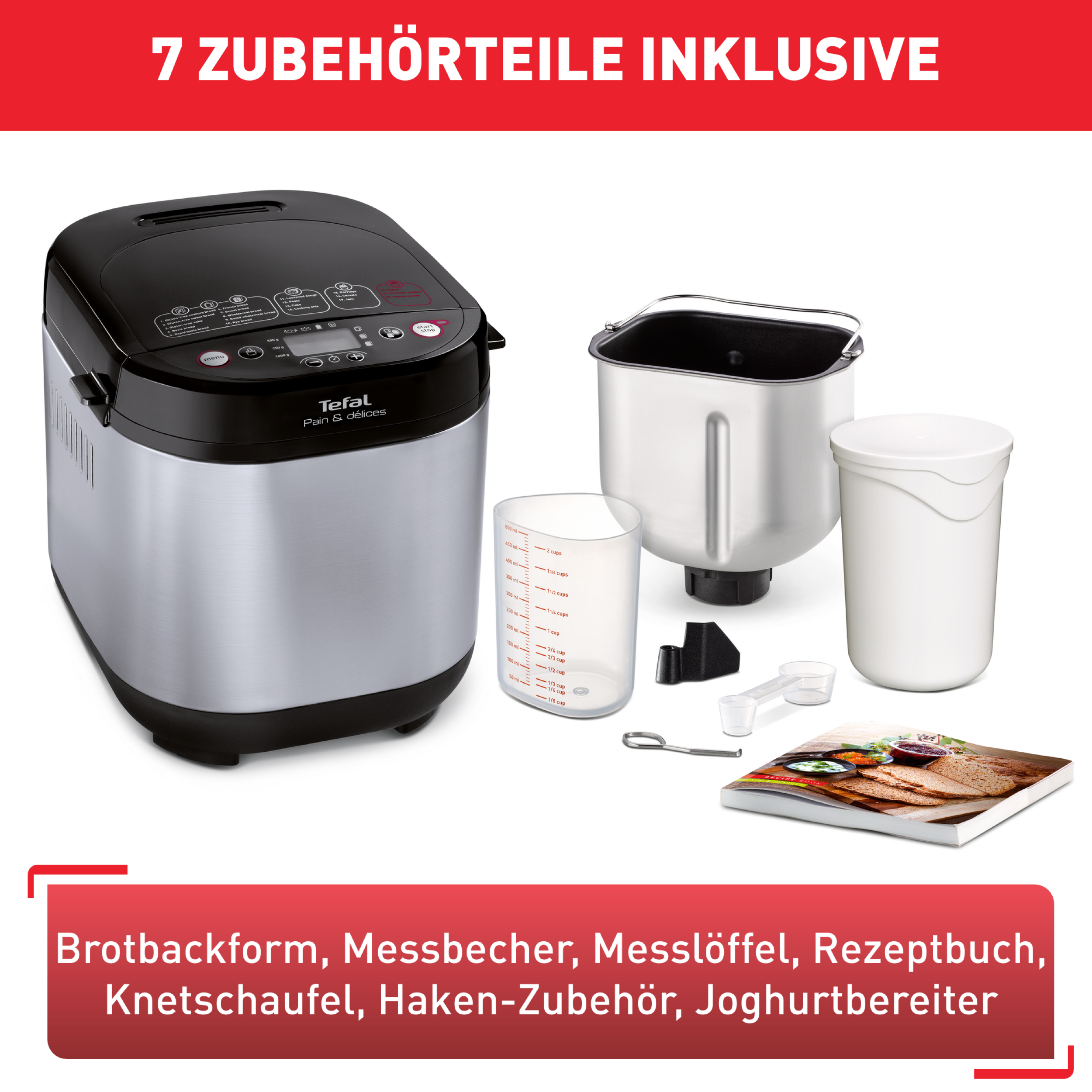 Ein Brotbackautomat und Zubehör werden gezeigt, darunter ein Messbecher und ein Rezeptbuch.