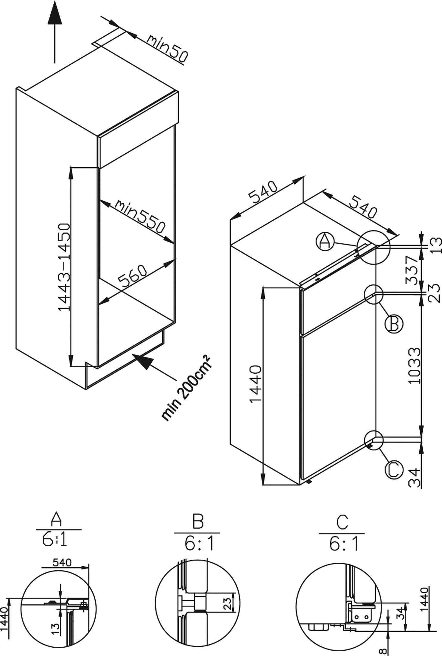 Diagramm eines Kühlschranks mit Abmessungen und Details.