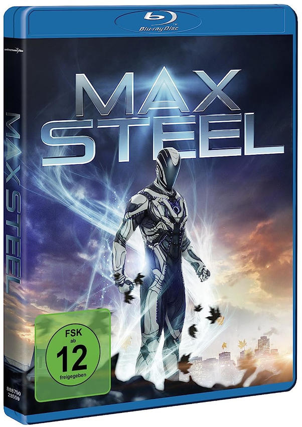 Blu-ray-Hülle des Films Max Steel. Ein futuristischer Mann steht vor blauem Licht.