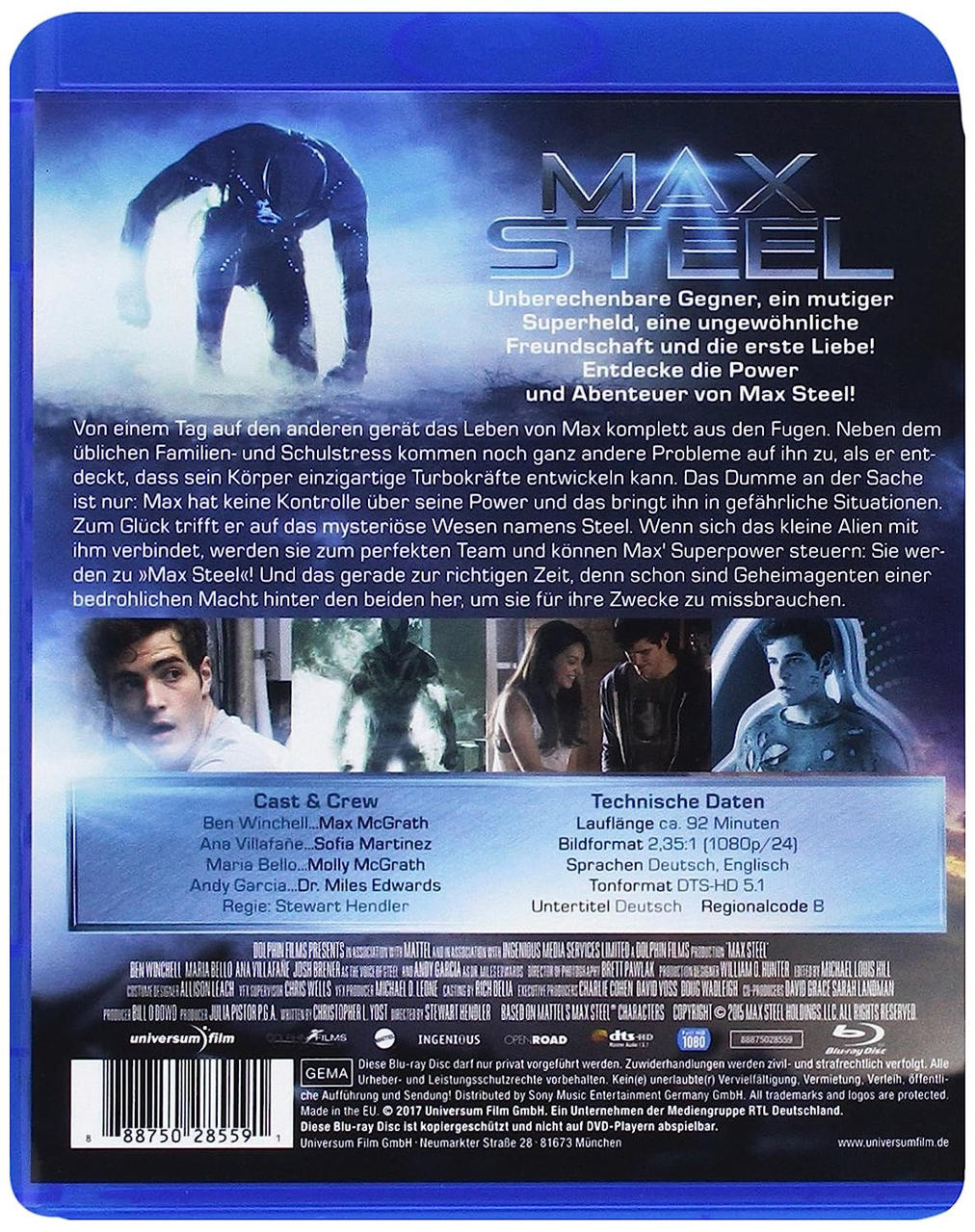 DVD-Cover von 'Max Steel' mit Schauspielern, blauem Hintergrund und Text auf Englisch und Deutsch.