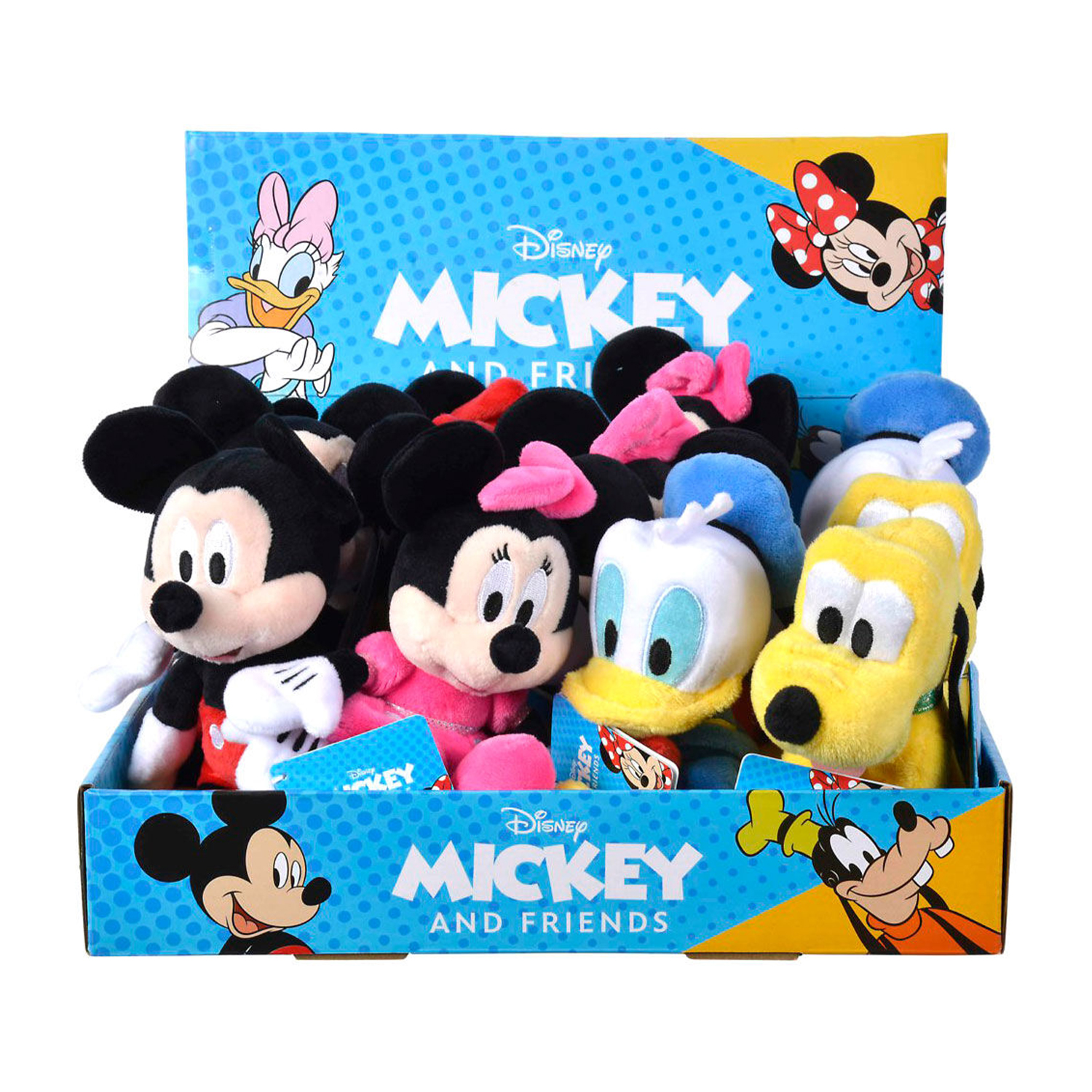 Una scatola espositiva piena di peluche di Topolino e amici. Marchio Disney visibile sulla scatola.