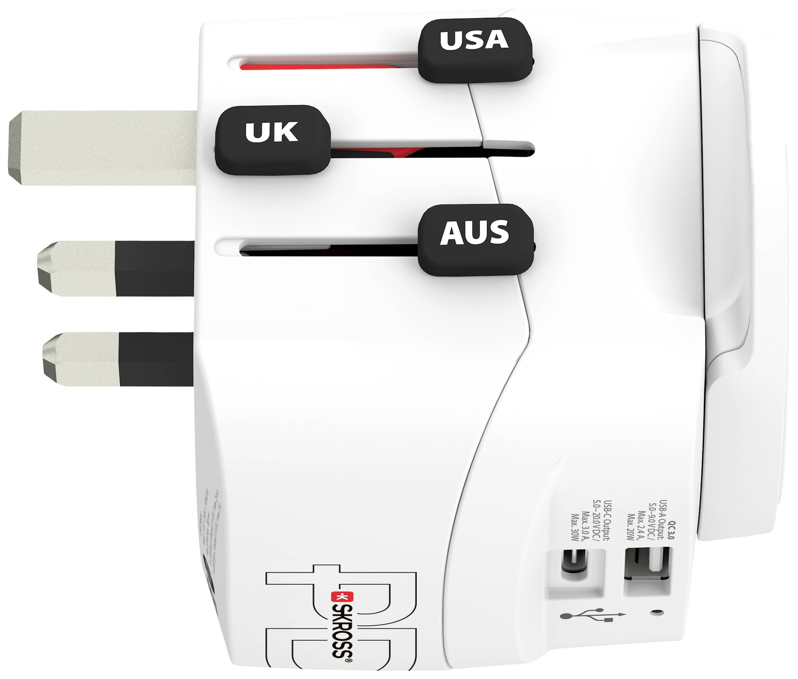 Fehér Skross utazóadapter USA, UK és AUS dugókkal.