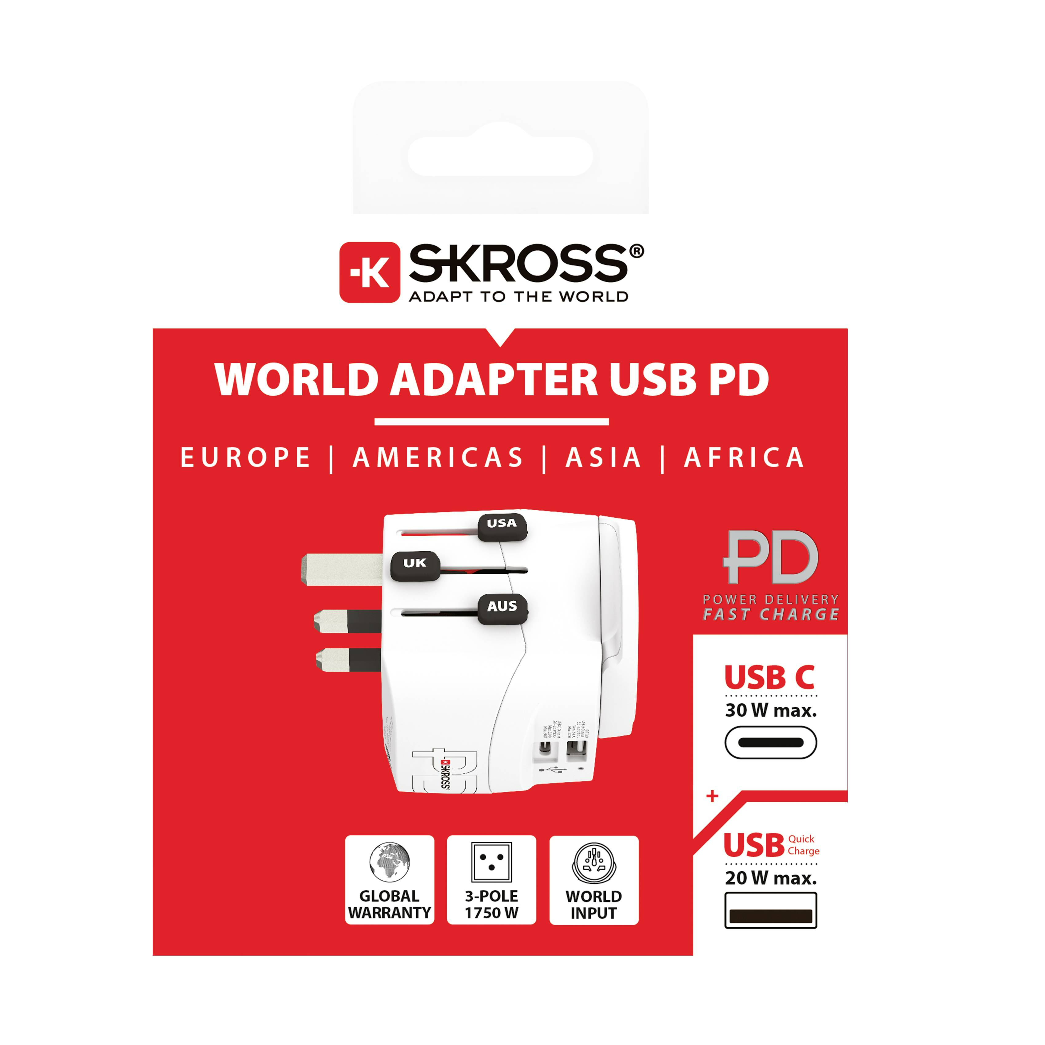 Világadapter USB PD. Fehér adapter több dugóval, piros háttérrel és termékadatokkal.