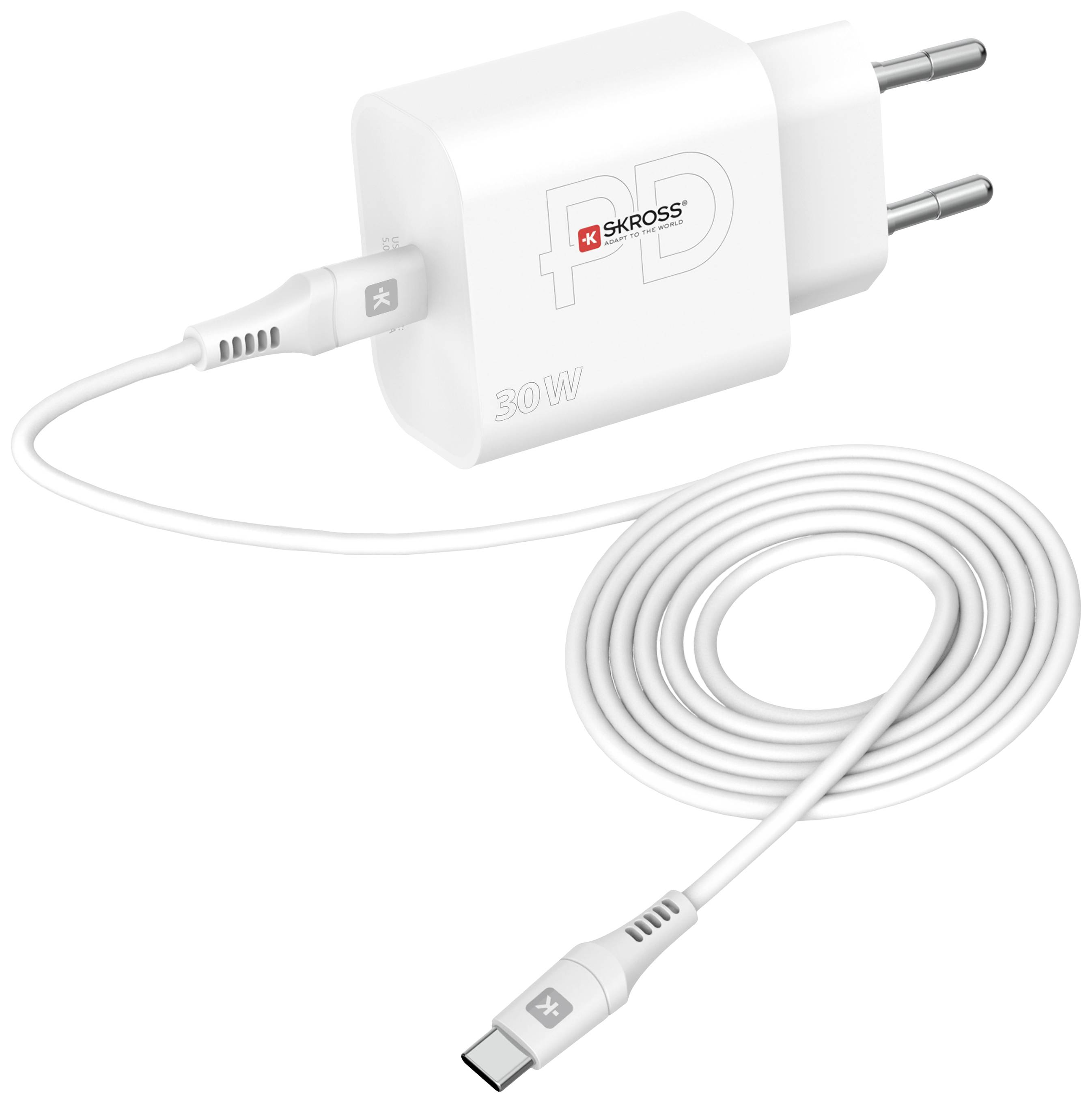 Fehér töltő csatlakoztatott kábellel. A kábel USB-C csatlakozóval rendelkezik.
