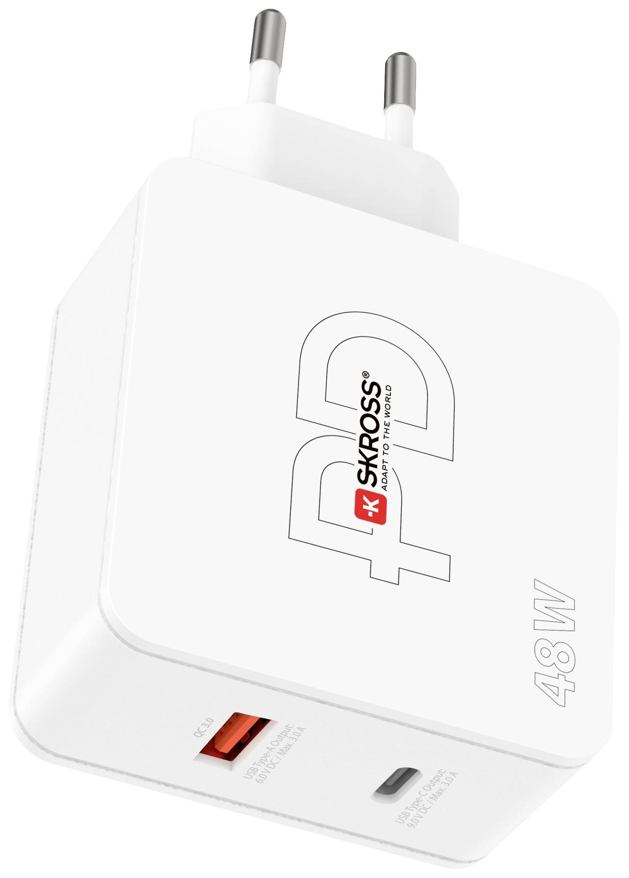 Fehér 48 W-os töltő két tűvel és USB-porttal.