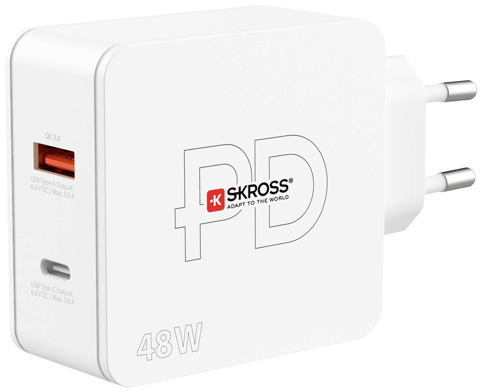 Fehér fali töltő több porttal és piros USB porttal.
