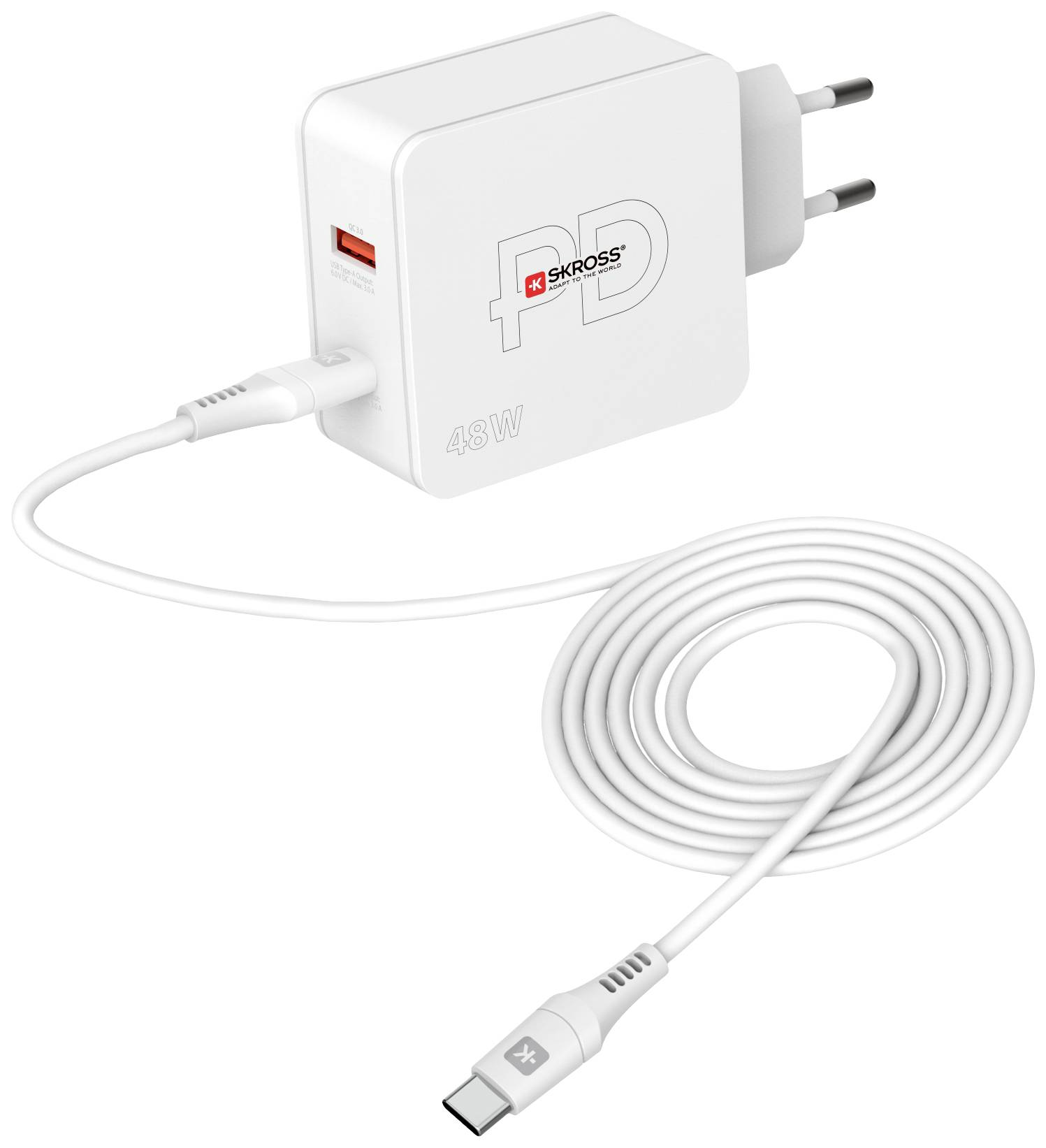 Fehér töltő USB és USB-C porttal, fehér kábellel csatlakoztatva.