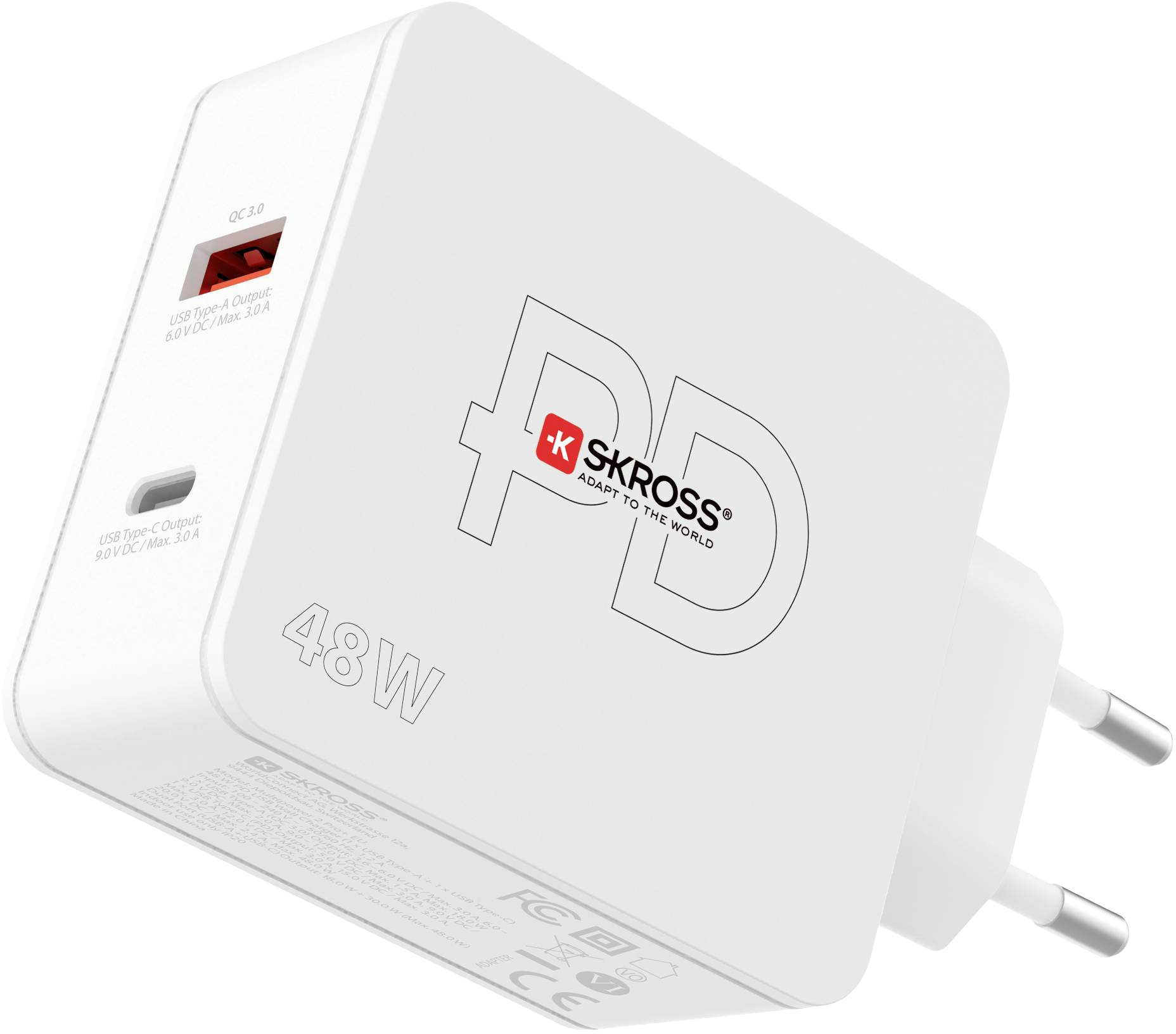 Fehér SKROSS töltő USB portokkal, 48W kimenettel.