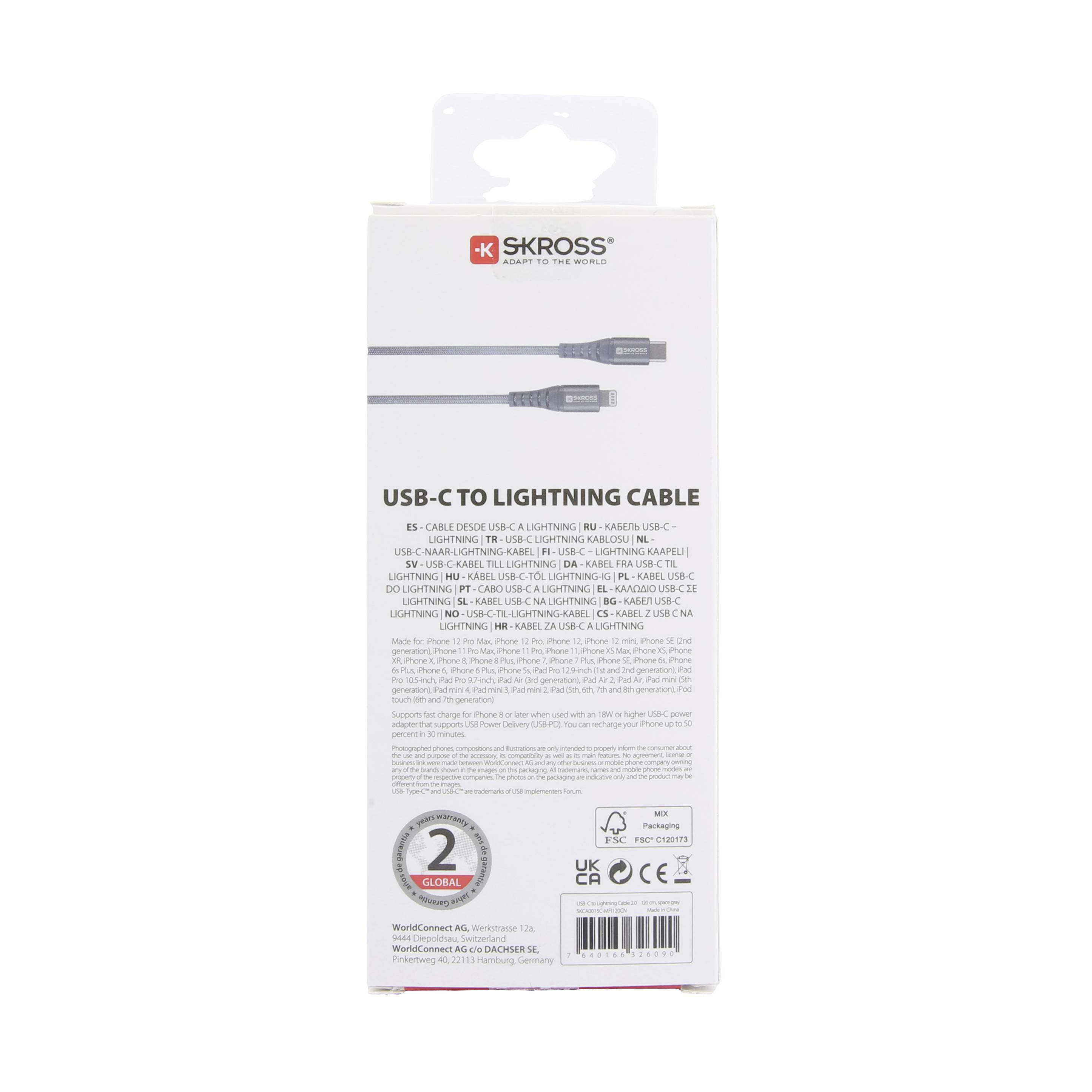 USB-C-Lightning kábel csomagolása, fehér háttér.