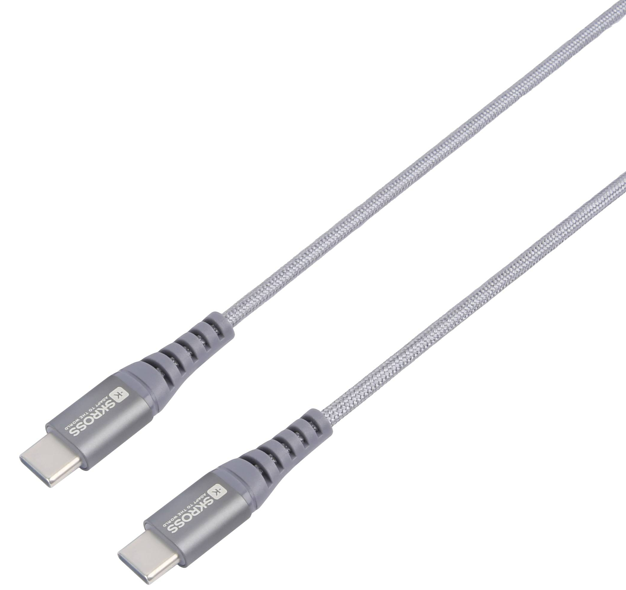 Két szürke USB-C kábel márkás csatlakozókkal, fehér háttér előtt.