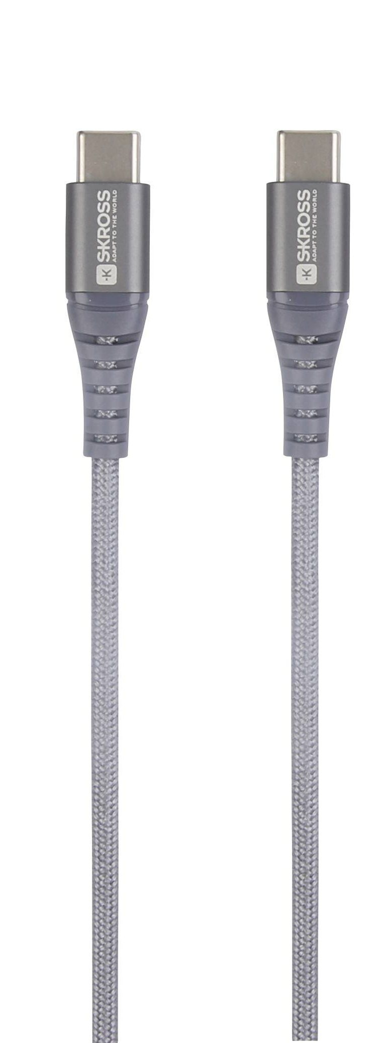 Két szürke USB-C kábel, SKROSS márkanév, fehér háttér előtt.