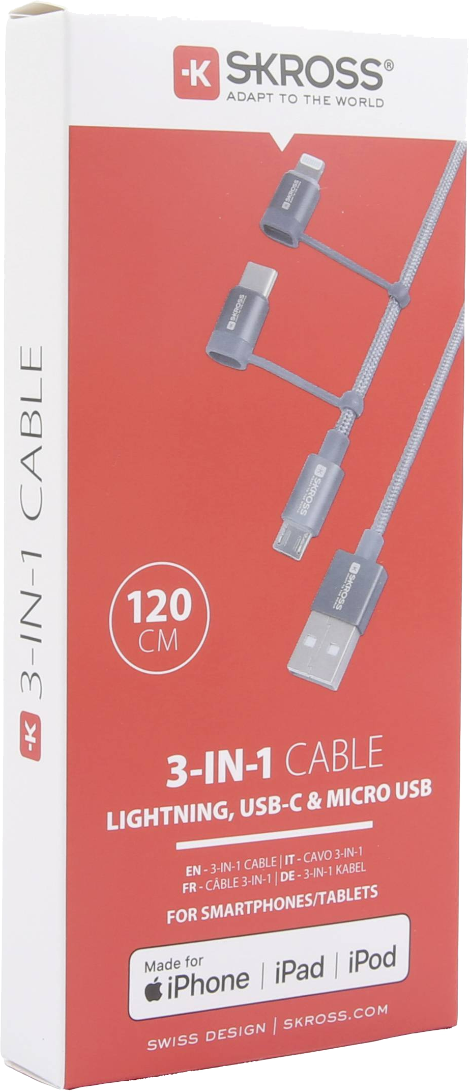 3 az 1-ben kábel doboza. Szöveg: Lightning, USB-C & Micro USB. Piros háttér.