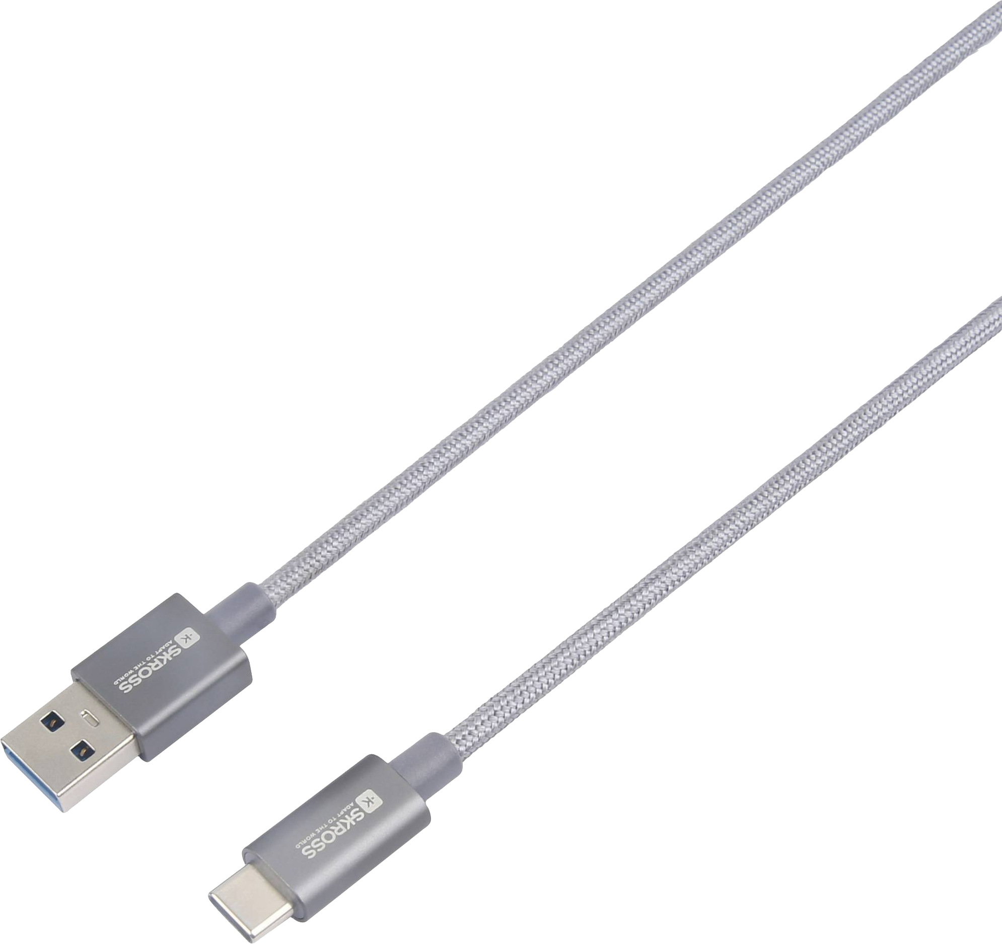 Egy szürke USB-kábel USB és USB-C csatlakozókkal sötét háttér előtt.