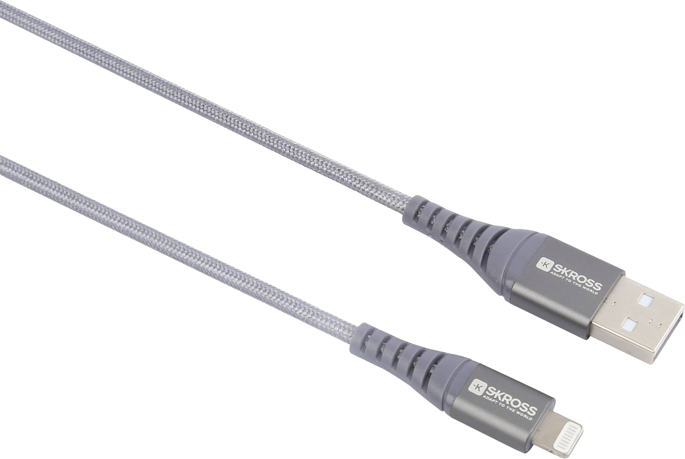 Egy szürke fonott USB kábel USB és Lightning csatlakozókkal.