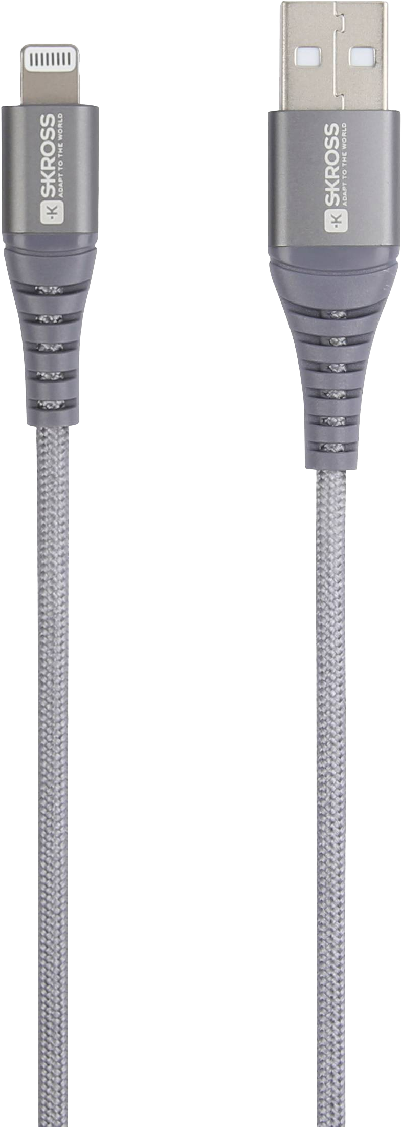 Szürke és ezüst töltőkábel Lightning és USB csatlakozókkal, fehér háttér előtt.