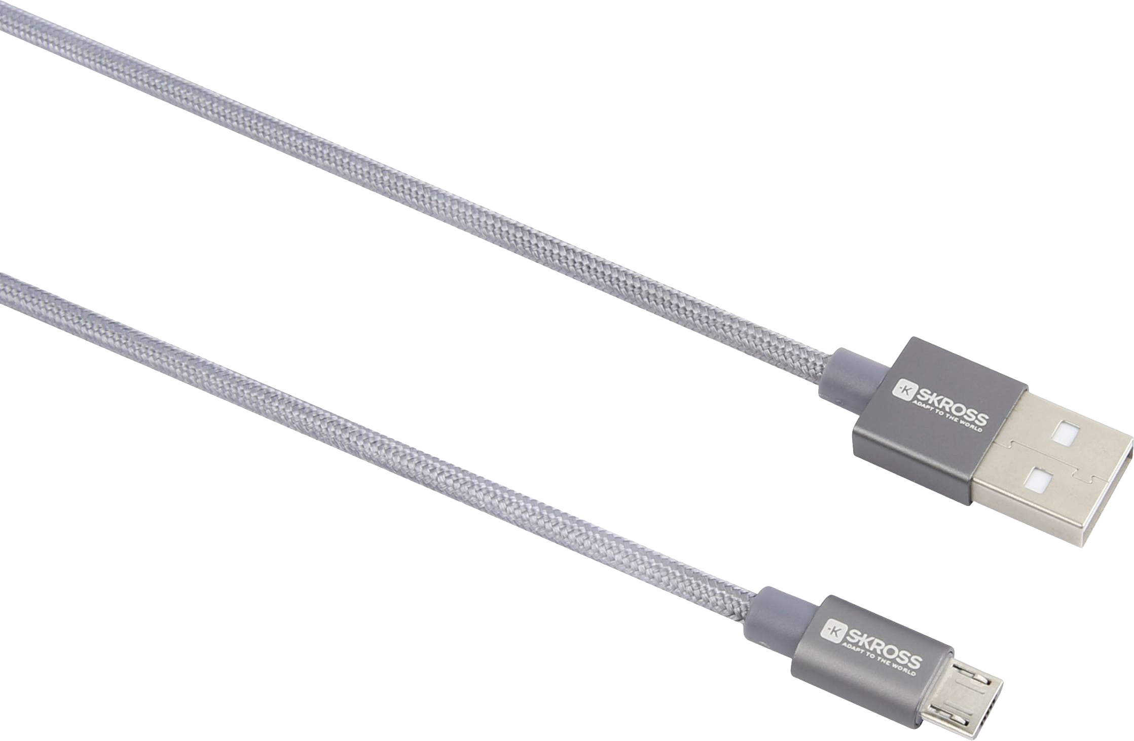 Szürke USB kábel szürke csatlakozókkal mindkét végén, fekete háttér előtt.