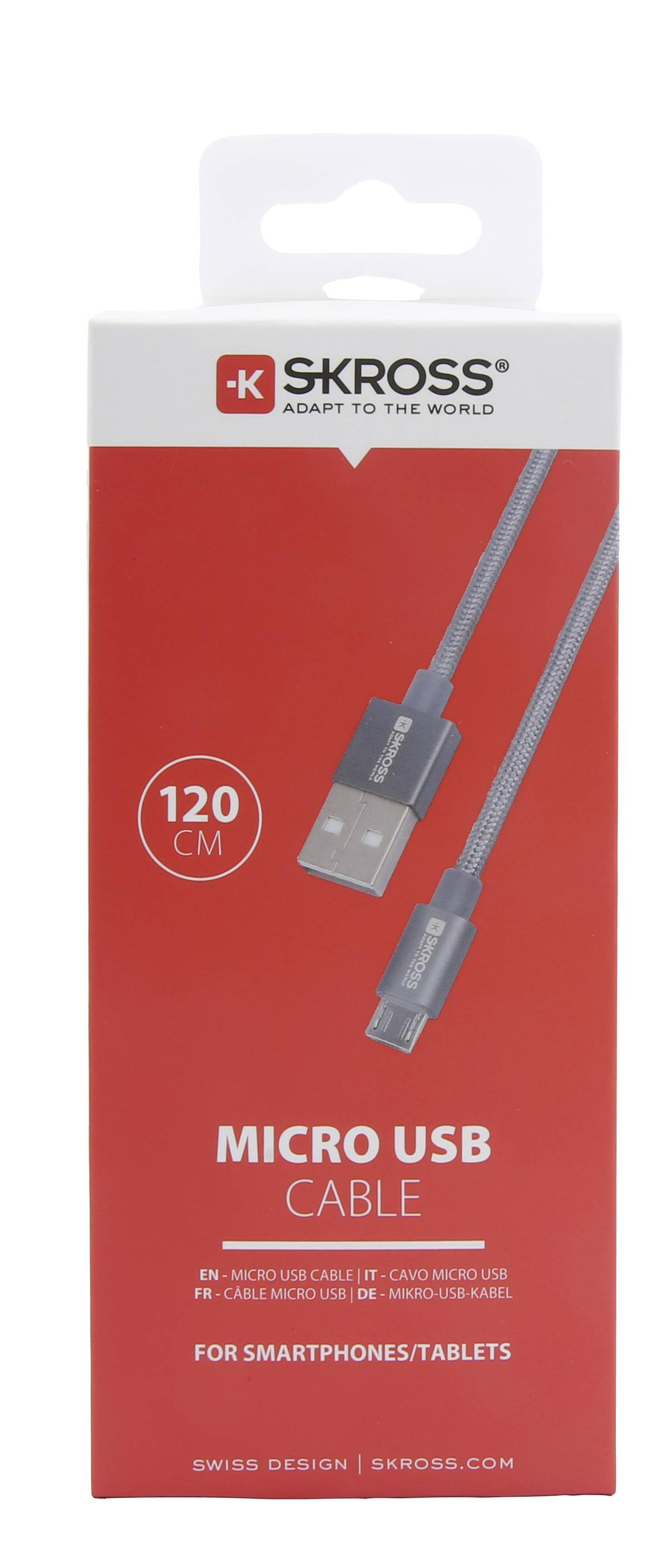 Piros-fehér doboz Micro USB kábelhez. A kábelt és a csatlakozó végeket mutatja.