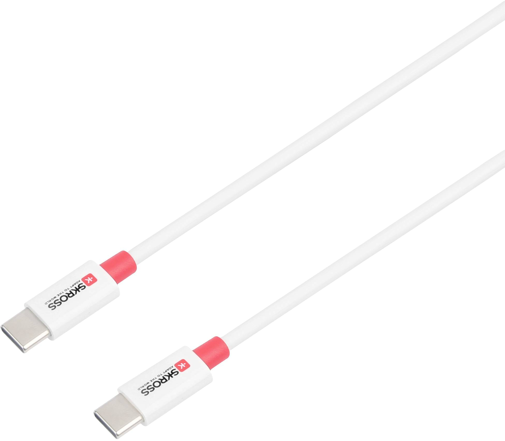 Fehér USB-C kábel piros díszítéssel és SKROSS logóval a csatlakozókon, ferde nézet.