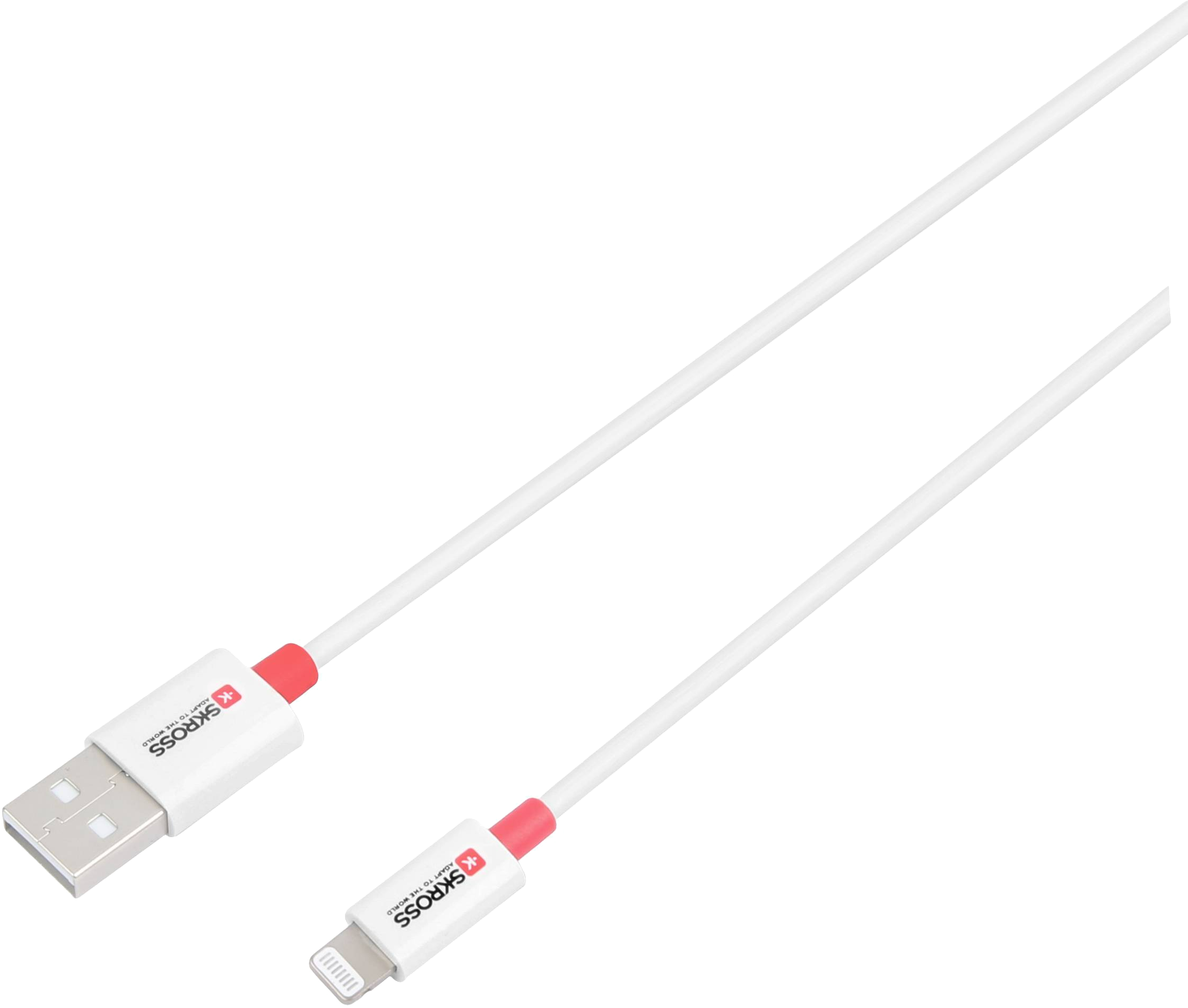 Egy fehér töltőkábel USB-vel és Lightning csatlakozóval.