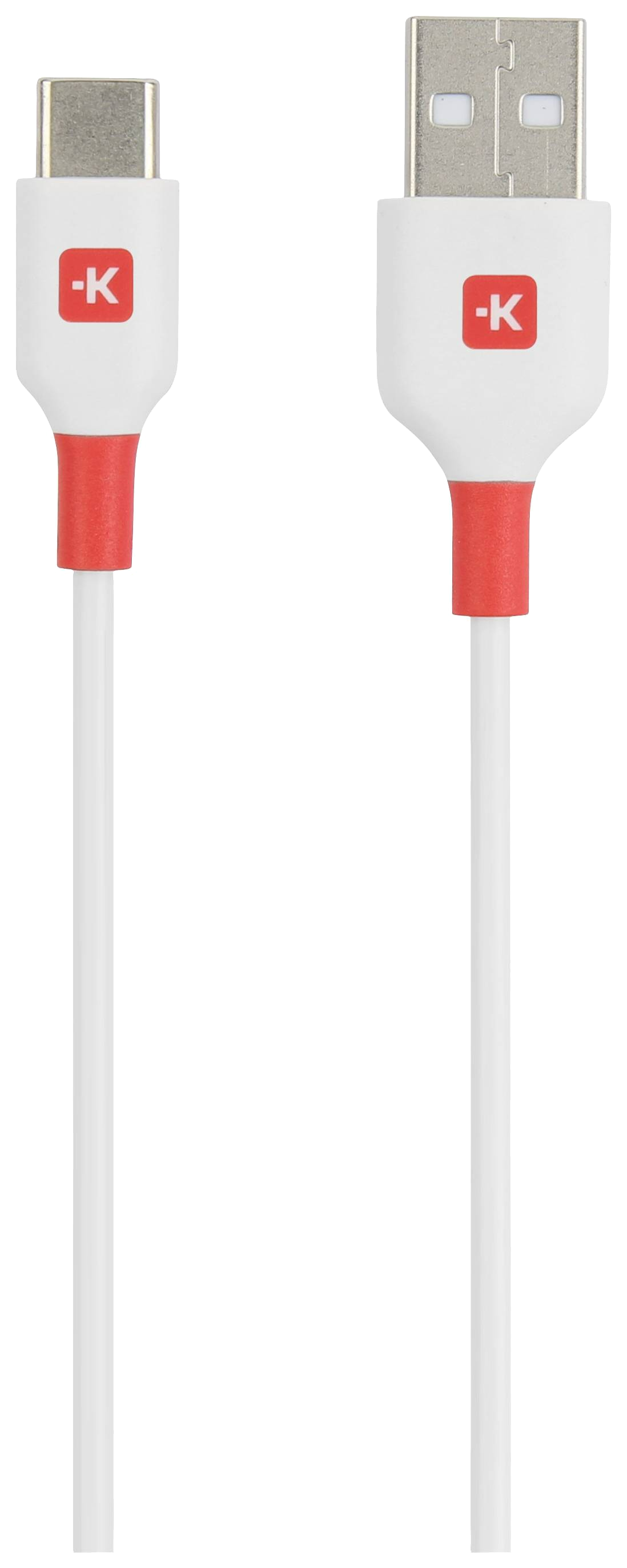 Fehér és piros USB-kábel USB-C és USB-A csatlakozókkal. Fekete háttér.