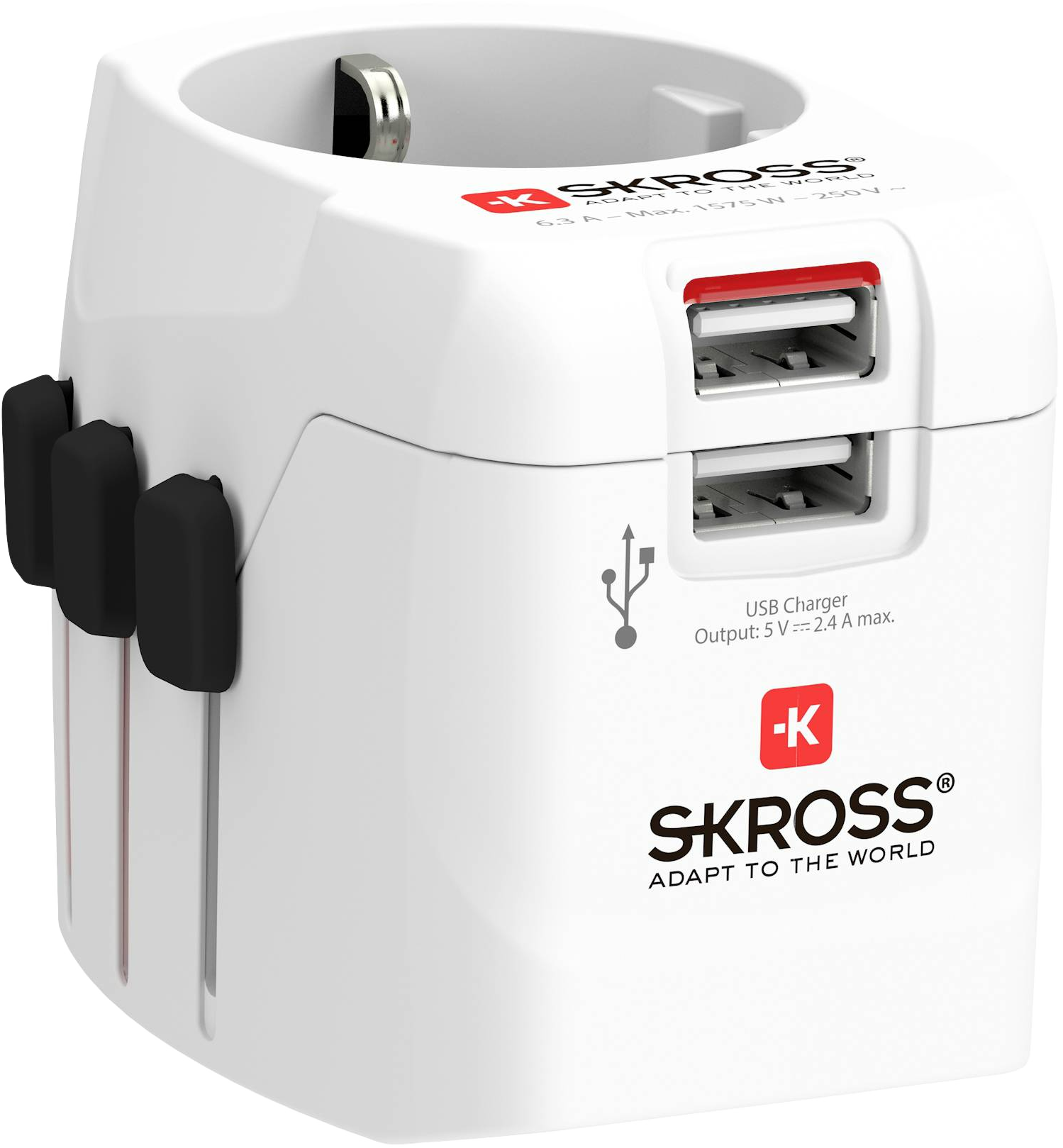 Egy fehér és fekete SKROSS adapter két USB porttal. Többféle dugós konfigurációja van az utazáshoz.