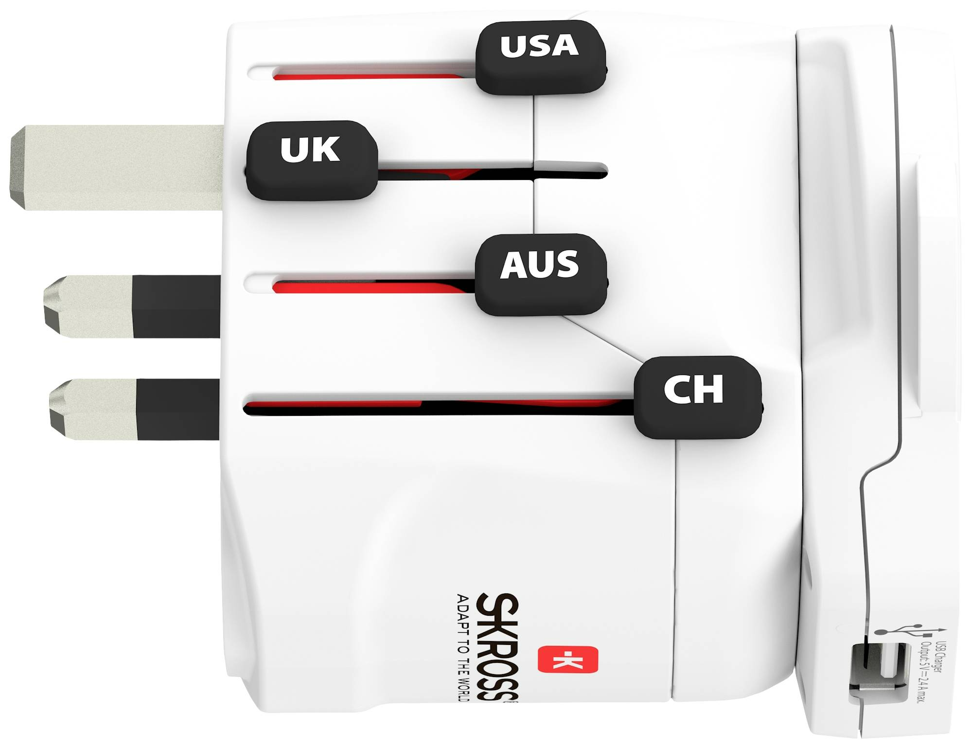 Fehér adapter különböző dugótípusokkal, USA, UK, AUS és CH felirattal. Egy USB port látható.