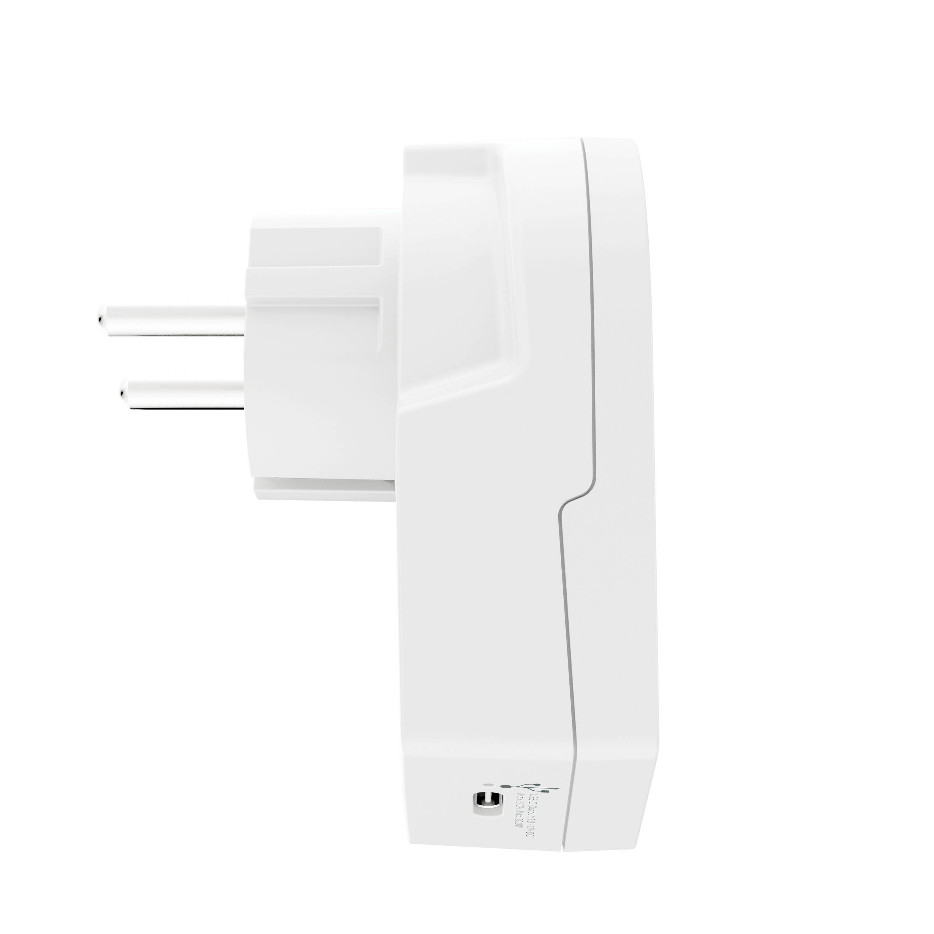 Fehér elektromos adapter két csatlakozóval és egy energiajelzővel.