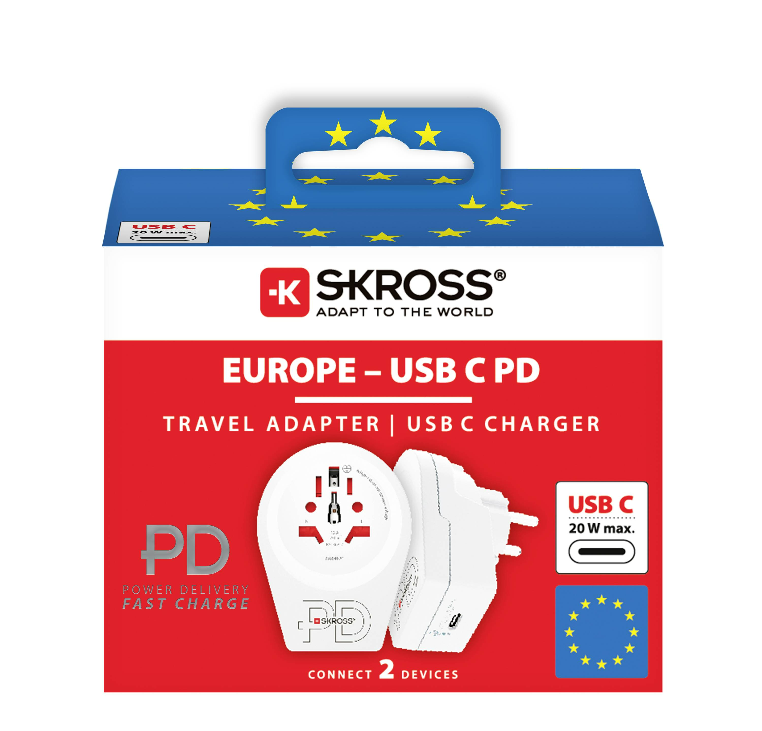 Fehér utazó adapter csomagolásban, 'EUROPE - USB C PD' felirattal és logóval.