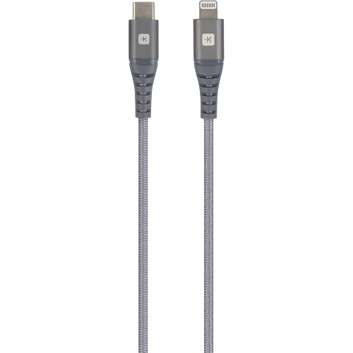 Két szürke fonott töltőkábel: egy USB-C-USB-C és egy USB-C-Lightning.