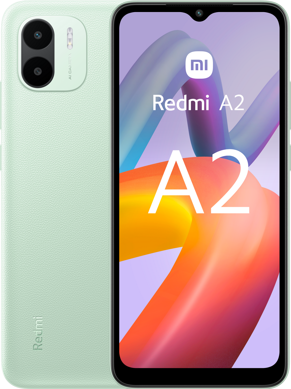 Teléfono Redmi A2 verde menta. Muestra el logotipo Redmi A2 y un fondo abstracto colorido.
