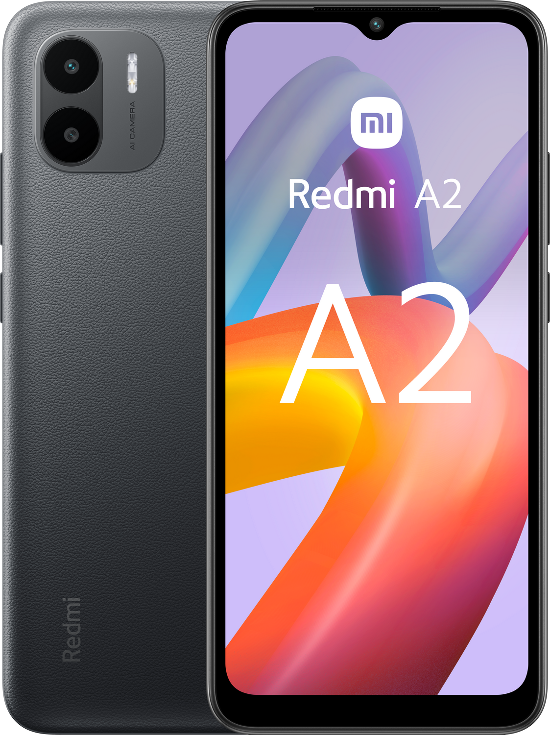 Teléfono gris Redmi A2, con cámaras duales y pantalla grande mostrando gráficos coloridos.