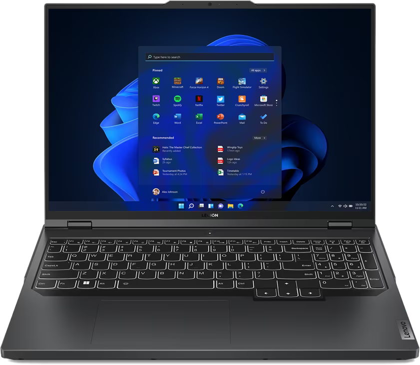 Un ordinateur portable Lenovo avec son écran affichant l'interface Windows 11, sur fond noir.