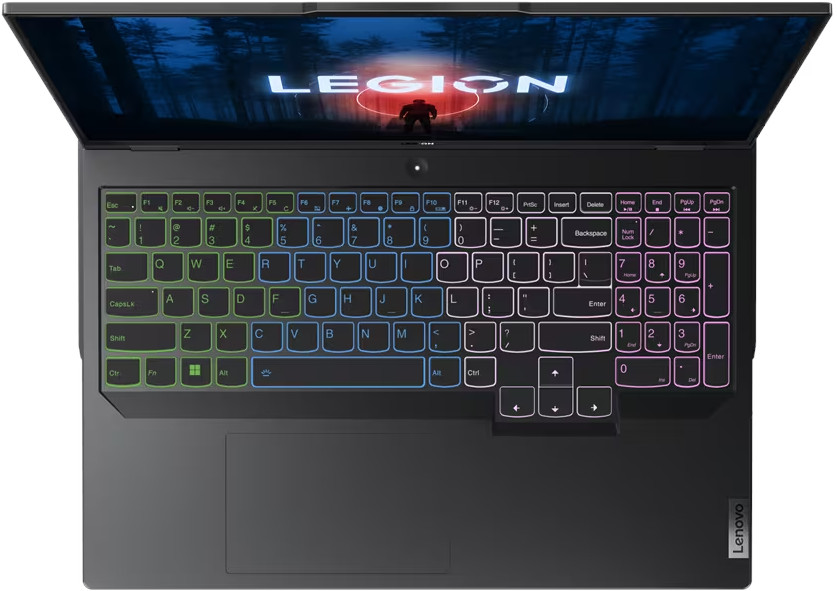 Ordinateur portable, vue de dessus. Noir avec clavier rétro-éclairé multicolore et écran affichant un logo.