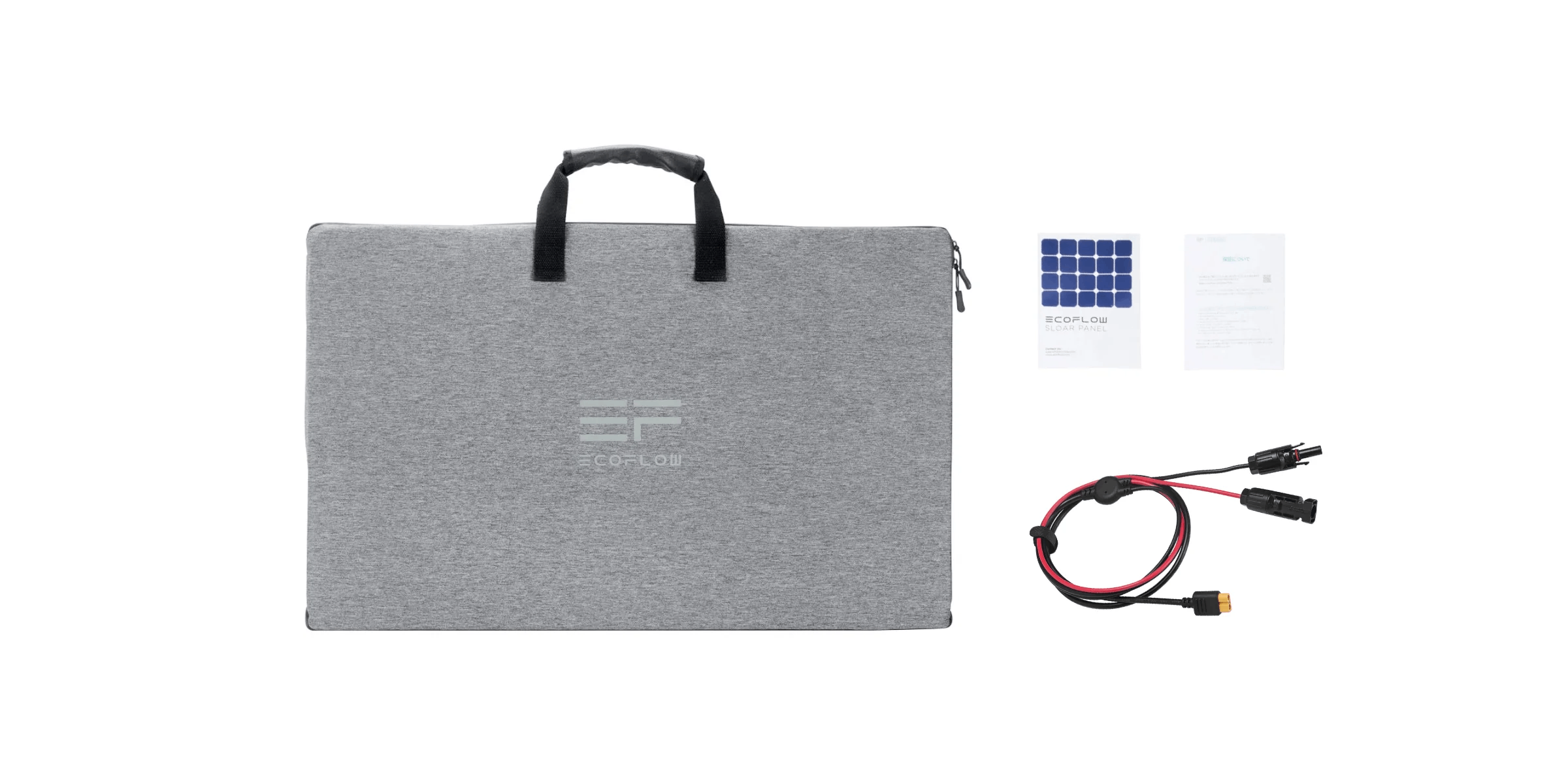 Una bolsa de transporte gris con asa, junto a un panel solar, cable y documentos. Fondo blanco.