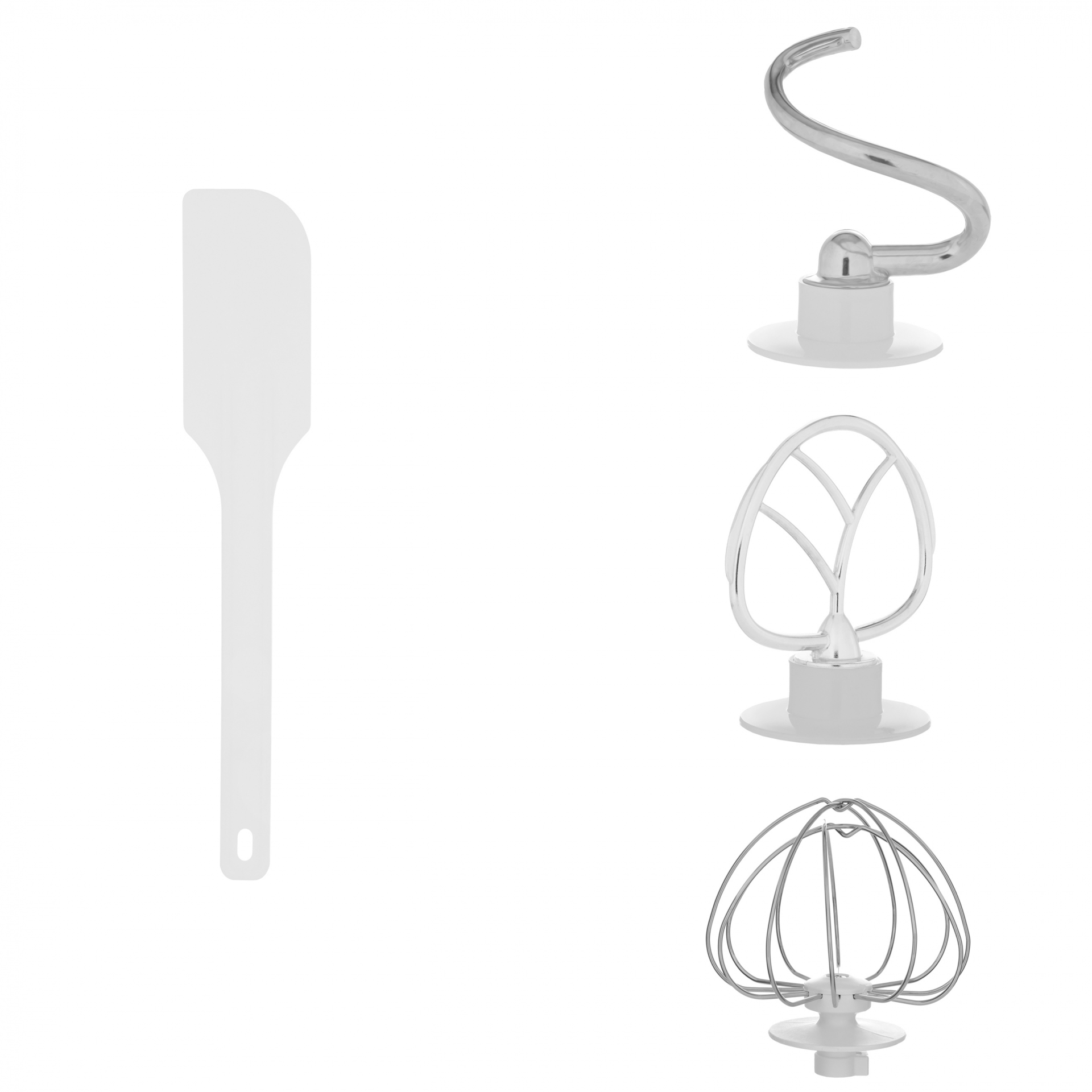 Keverő tartozékok: spatula, dagasztóhorog, habverő, és keverőlapát. Fehér, izolált.