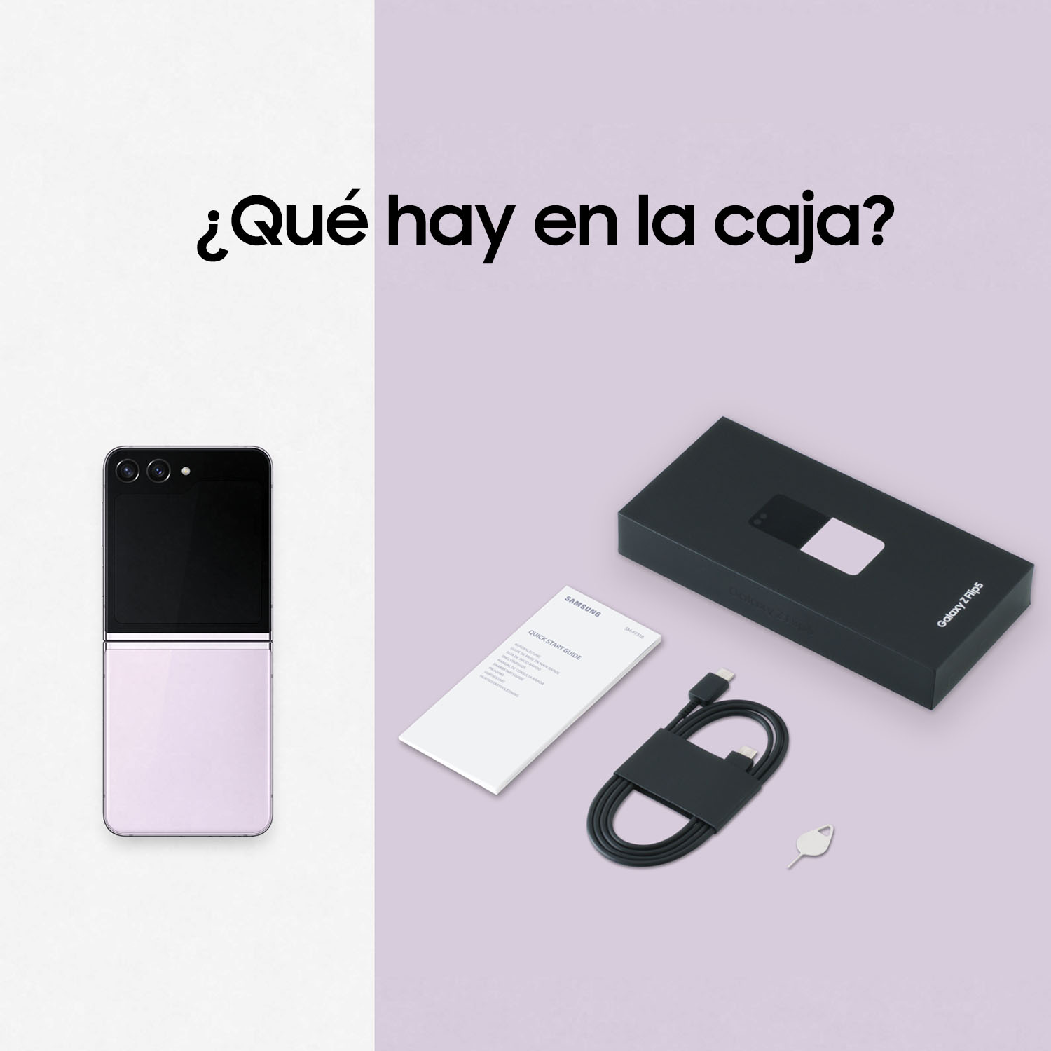 Imagen de un teléfono y su caja con accesorios incluidos. Cable de carga y herramienta.