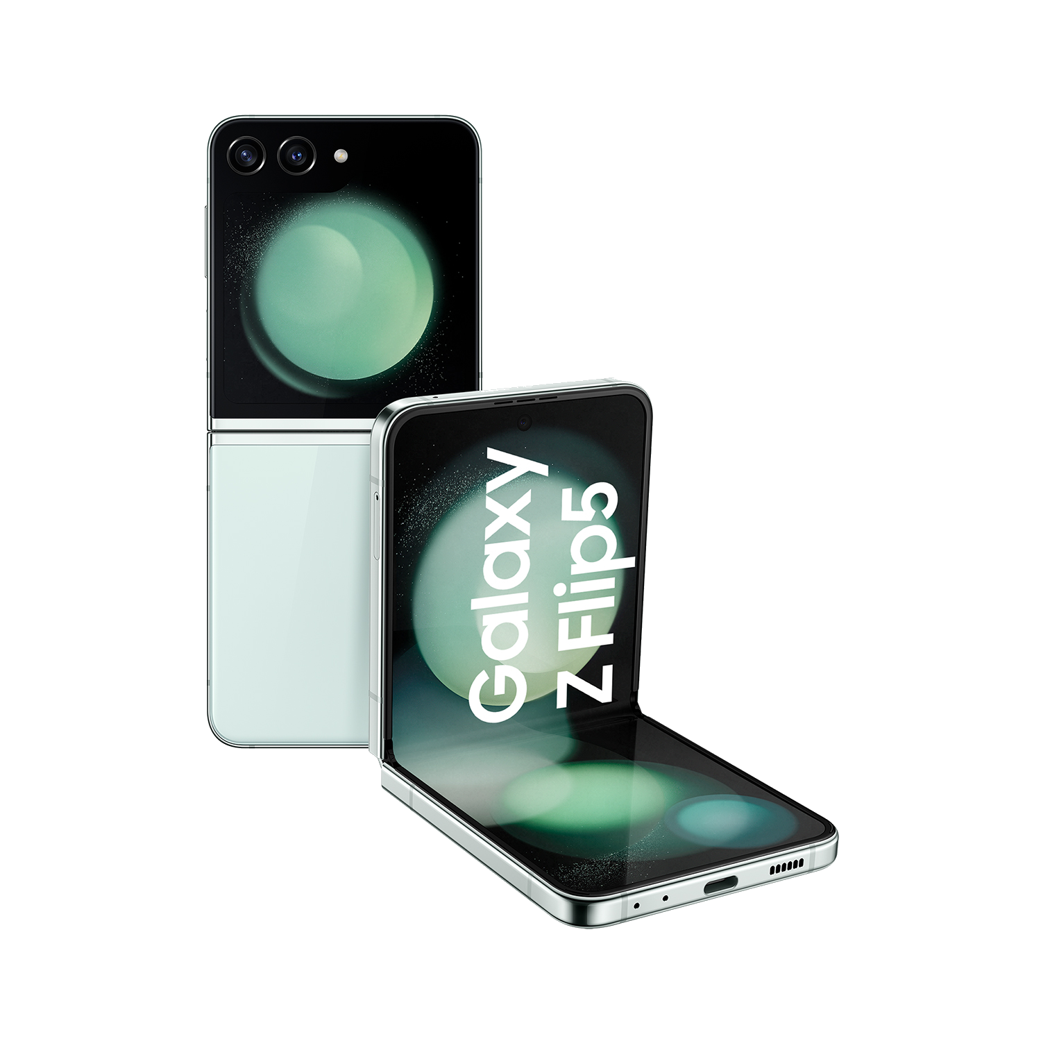 Teléfono Samsung Galaxy Z Flip5, abierto y cerrado, color verde menta, sobre fondo oscuro.