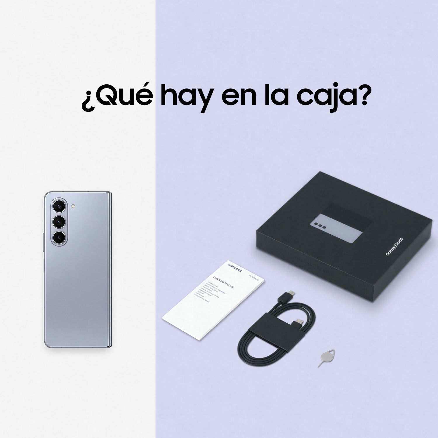 Un teléfono inteligente y su caja, con una guía de inicio rápido, cable y herramienta SIM.