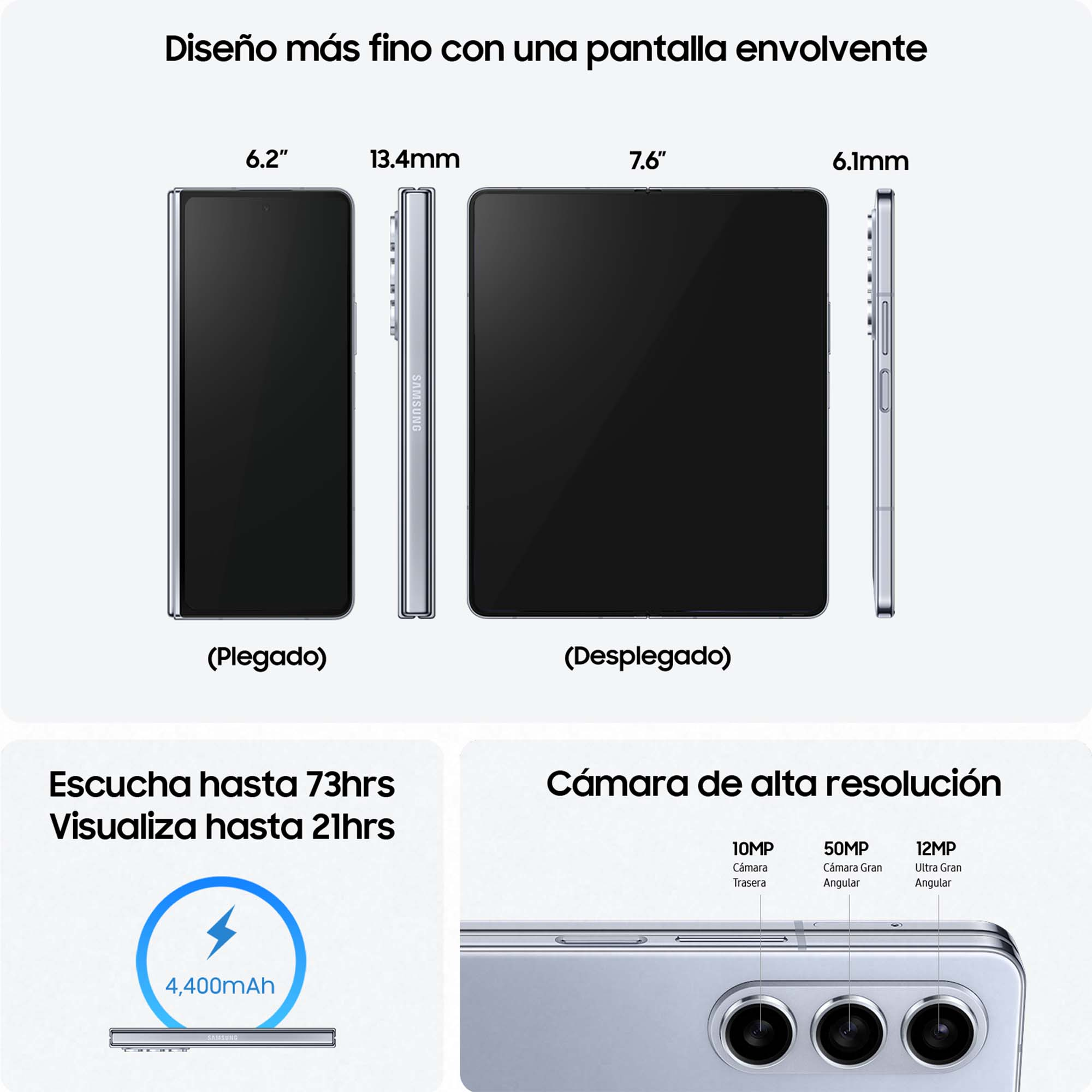 Un teléfono plegable en negro, con sus dimensiones, y características clave sobre un fondo blanco.