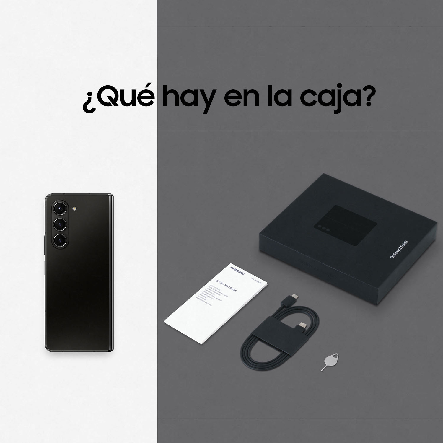 Un teléfono Samsung negro y una caja con accesorios. La pregunta "¿Qué hay en la caja?" está arriba.