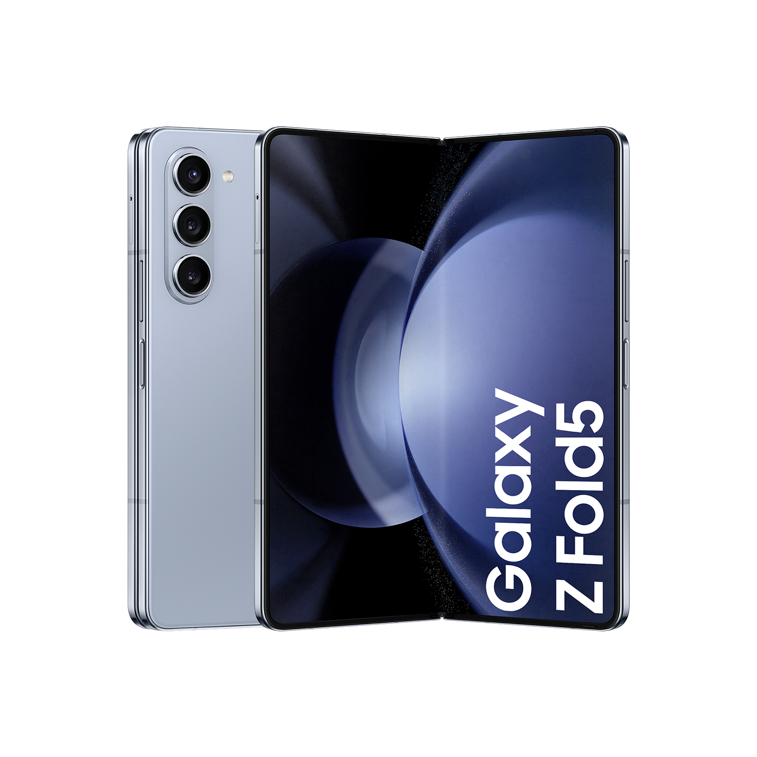 Teléfono azul plegado Galaxy Z Fold5. Muestra la parte trasera y la pantalla abierta.