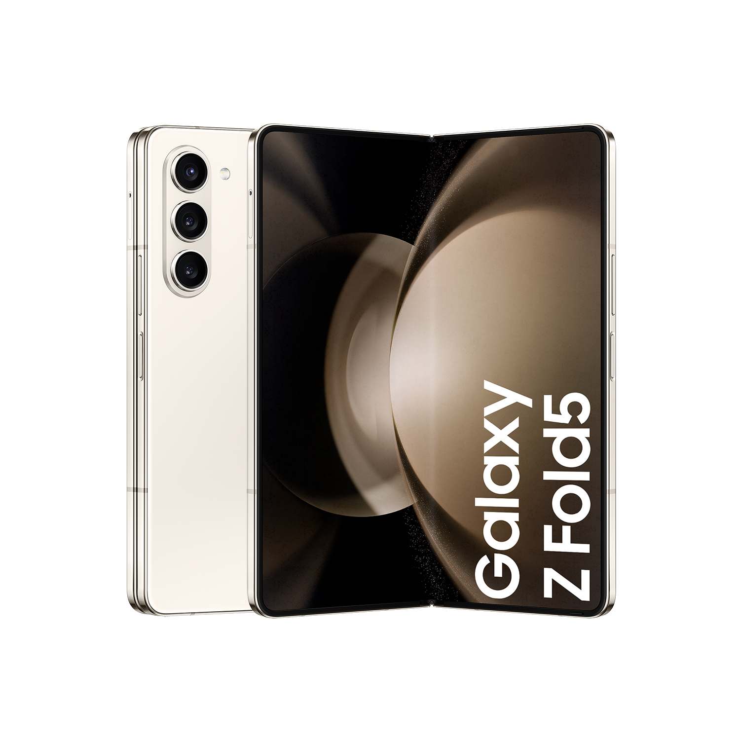 Samsung Galaxy Z Fold5 color crema, plegado y abierto, sobre fondo negro.