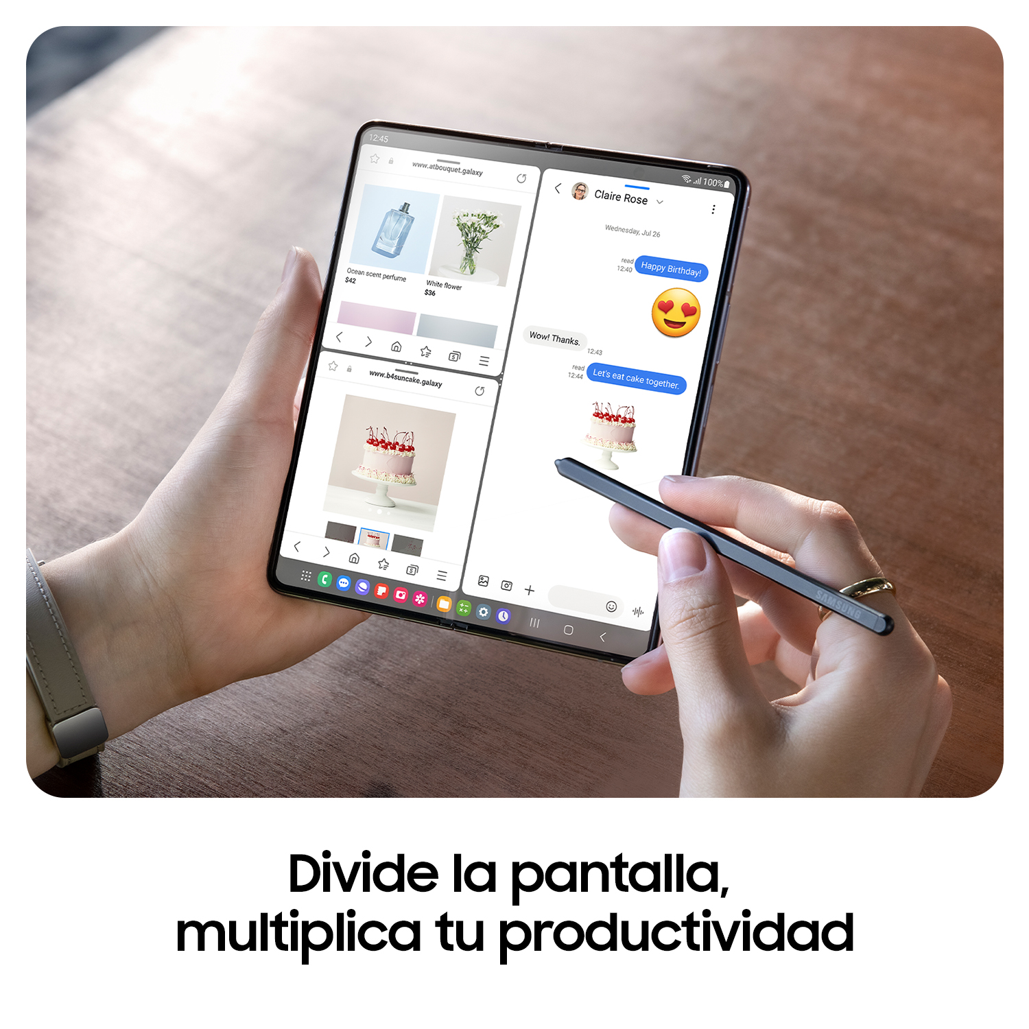 Una persona usando un teléfono plegable. La pantalla muestra múltiples aplicaciones y un chat.