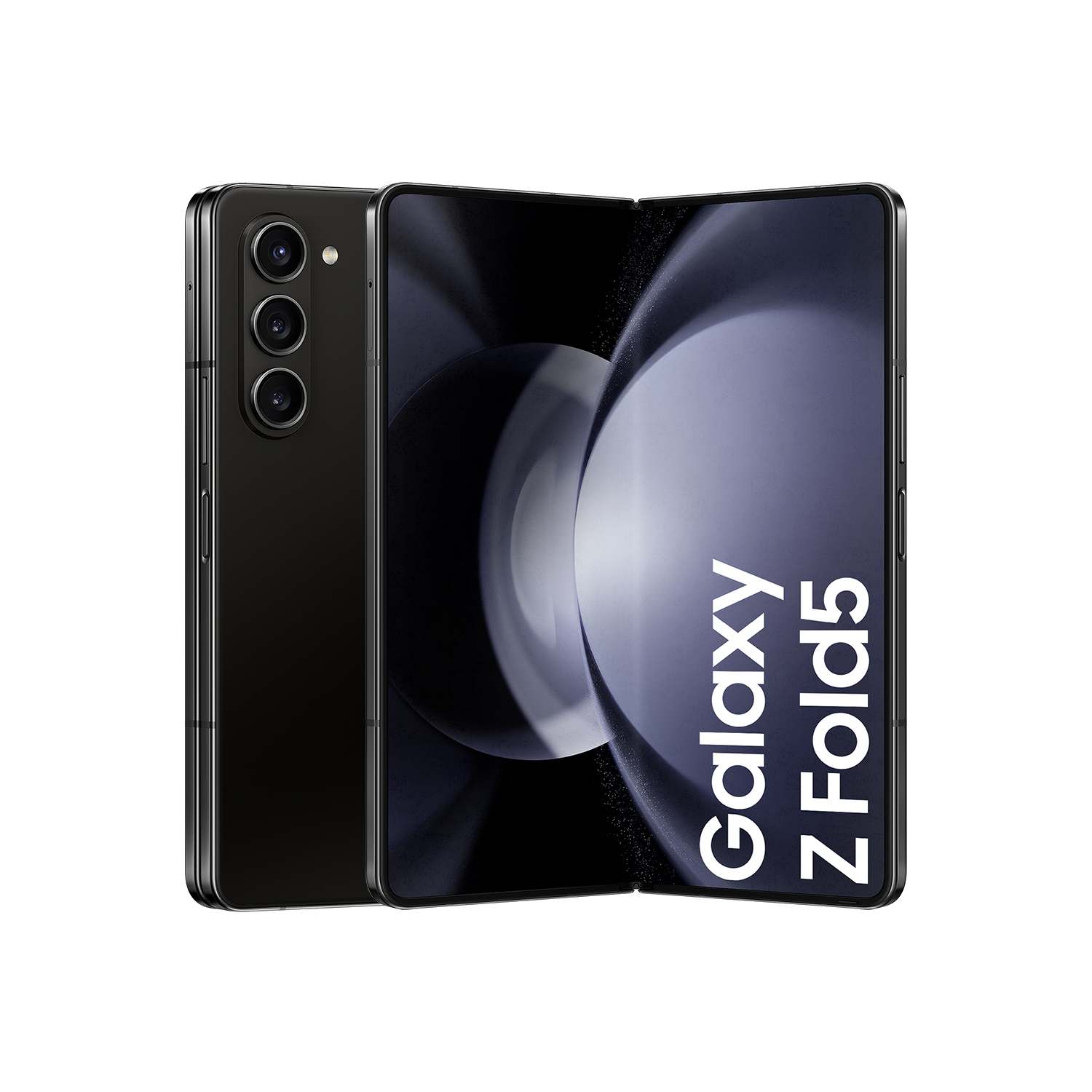Teléfono plegable negro, abierto para revelar la pantalla con las palabras 'Galaxy Z Fold5' en blanco.