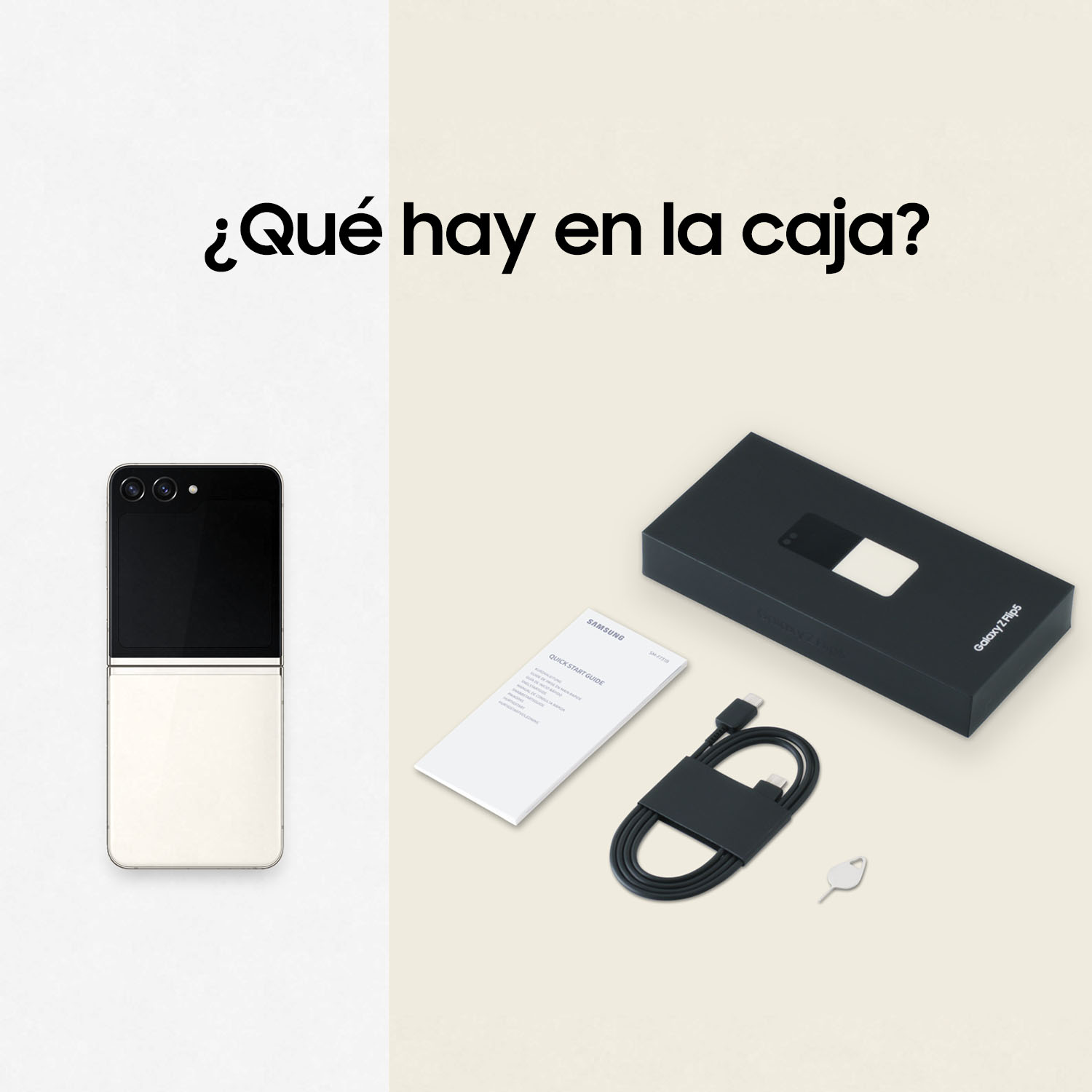 Teléfono, caja con accesorios y manual sobre una superficie clara.