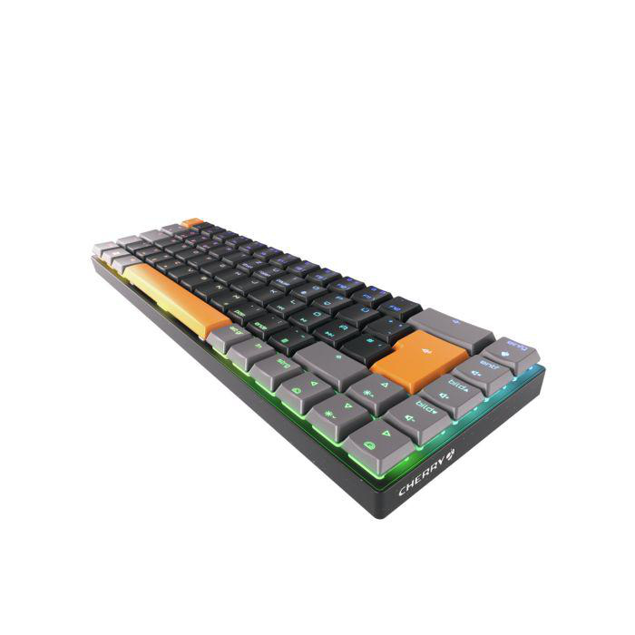 Eine schwarz-graue Tastatur mit orangefarbenen Tasten auf weißem Hintergrund.