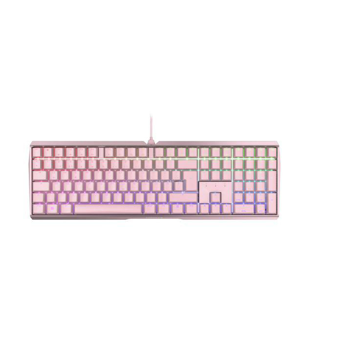 Hintergrundbeleuchtete mechanische Tastatur in Rosa. Graue Tasten mit mehreren Farben. Die Tastatur liegt auf weißem Grund.