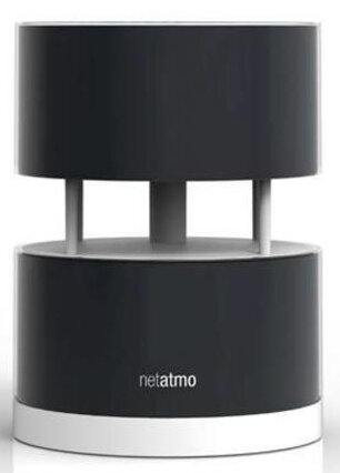 Biało-czarne urządzenie smart home Netatmo, cylindryczny design, dwupoziomowe.