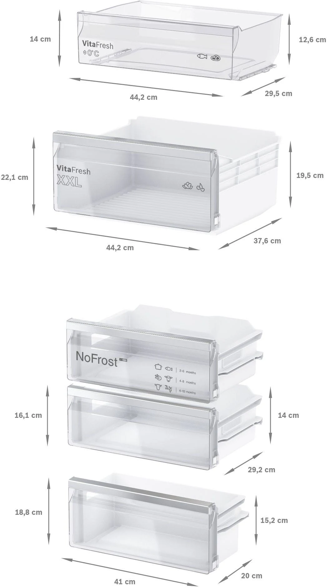Cuatro imágenes de cajones transparentes de refrigerador. Se muestran las dimensiones. Los cajones tienen etiquetas.