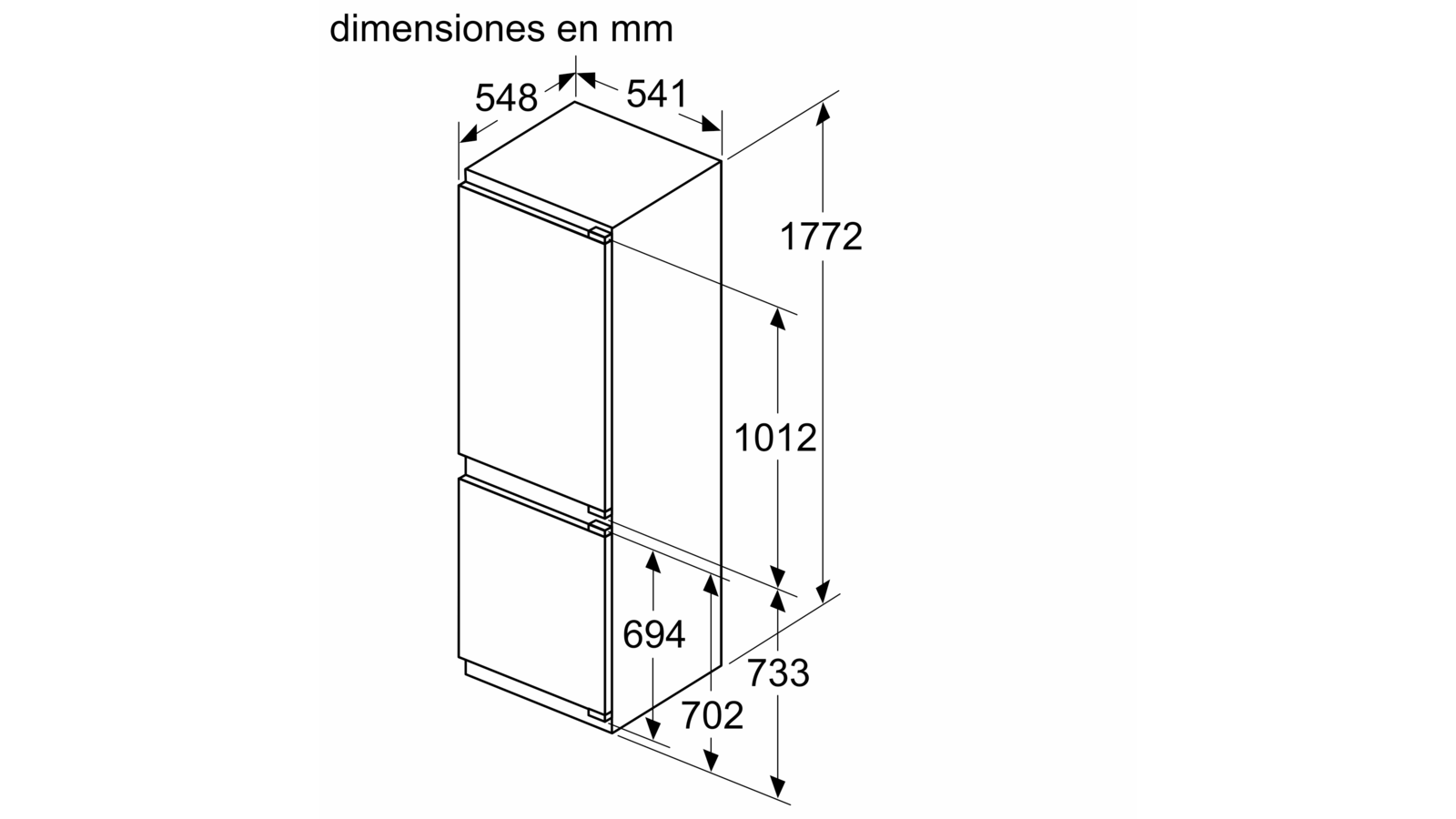 Diagrama de un refrigerador, mostrando dimensiones en mm. Fondo negro.